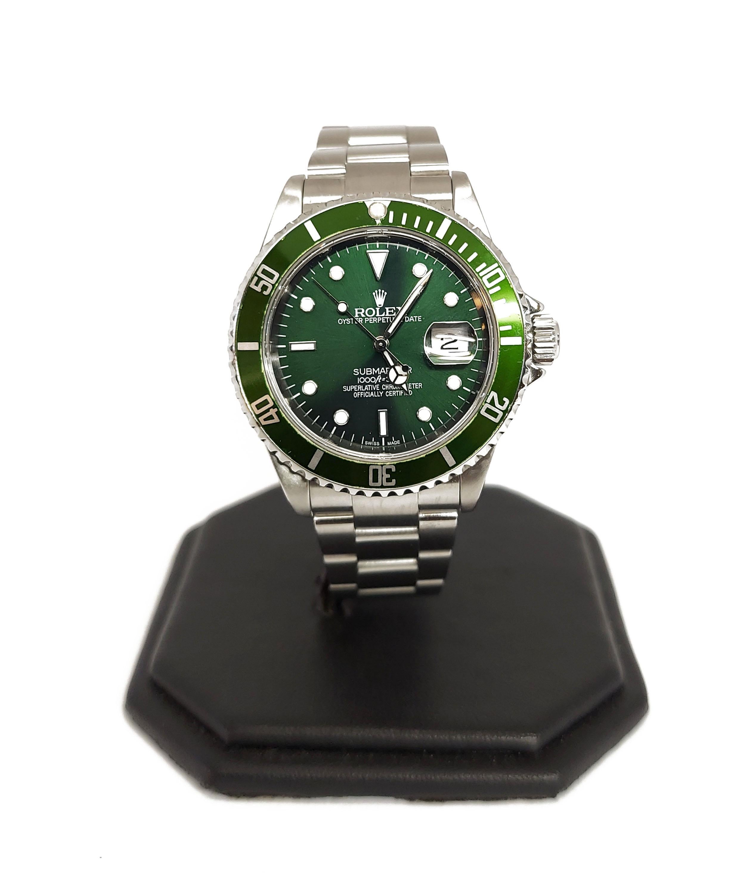 Brand - Rolex
Model - 16610 Submariner
Gender - Men's
Case Size - 40mm
Dial - Refinished Green
Bezel - Steel Green 
Crystal - Saphire
Movement - Automatic Rolex CAL.3135
Band - Steel Oyster
Wrist Size - 8 Inches