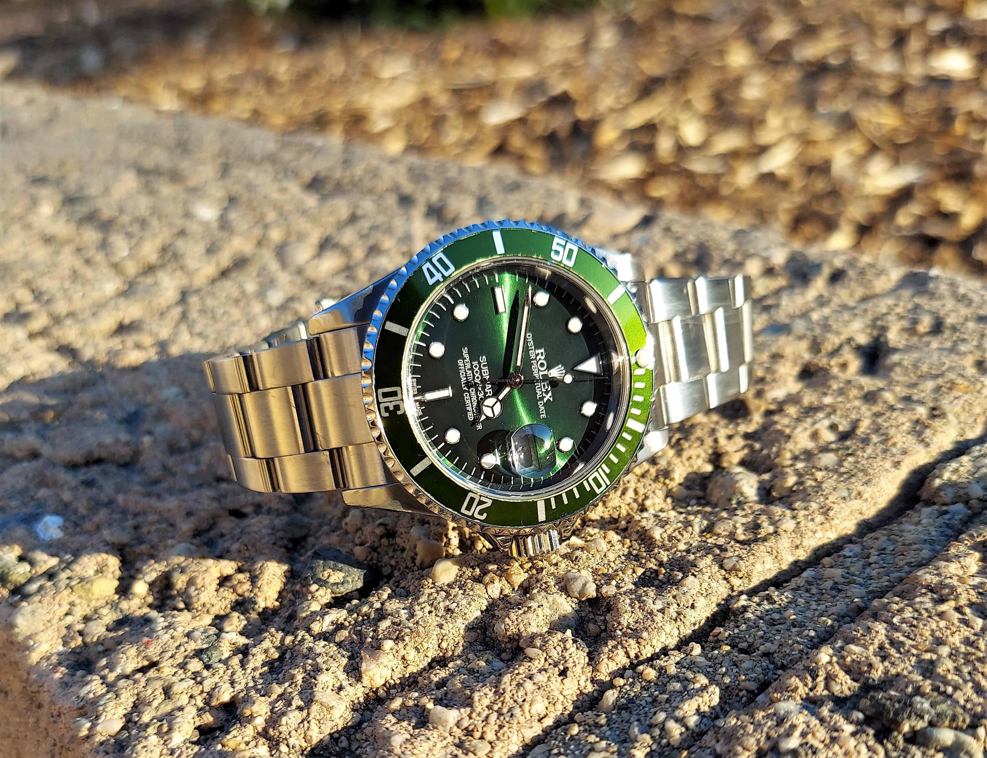 Brand - Rolex
Model - 16610 Submariner
Gender - Men's
Case Size - 40mm
Dial - Refinished Green
Bezel - Steel Green 
Crystal - Saphire
Movement - Automatic Rolex CAL.3135
Band - Steel Oyster
Wrist Size - 8 Inches
