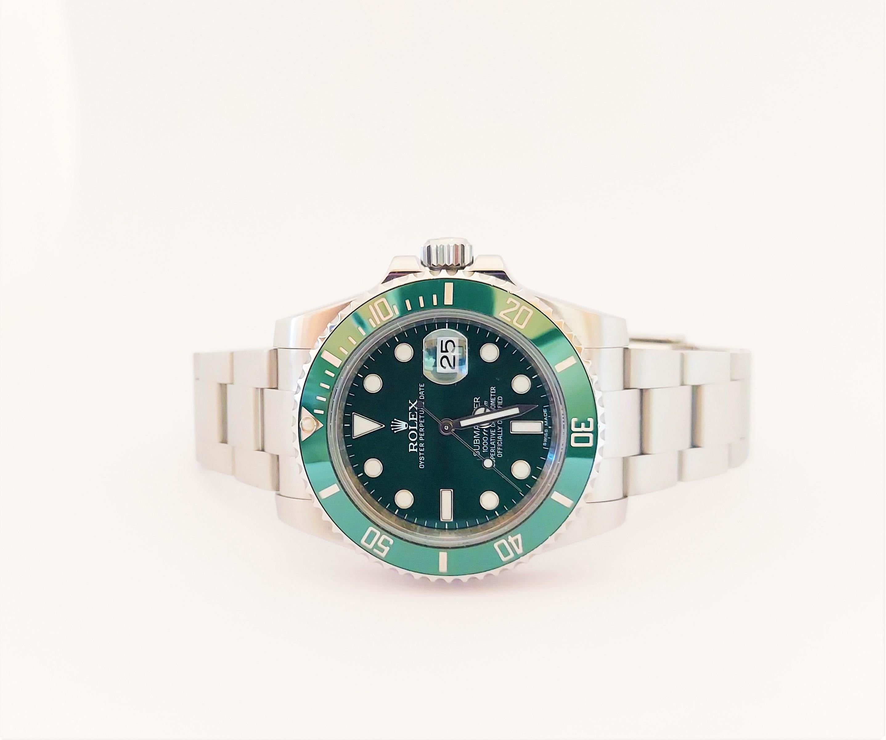 Brand - Rolex
Condition - Pre-owned 
Model - 116610LV
Gender - Men's 
Style - Submariner/the hulk
Case size - 41mm
Crystal - Sapphire 
Dial - Green Sub 
Bezel - Ceramic Green 
Metals - Stainless Steel 
Wrist Band - Steel Oyster
Wrist size - 8