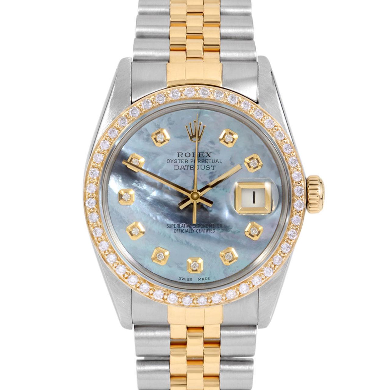 Swiss Wrist - SKU 16013-BLMOP-DIA-AM-BDS-JBL

Brand : Rolex
Model : Datejust Ref# 16013 - Plastic Quickset Model 
Gender : Mens
Metals : 14K Yellow Gold/ Stainless Steel
Case Size : 36 mm
Dial : Custom Blue Mother Of Pearl Diamond Dial (This dial is
