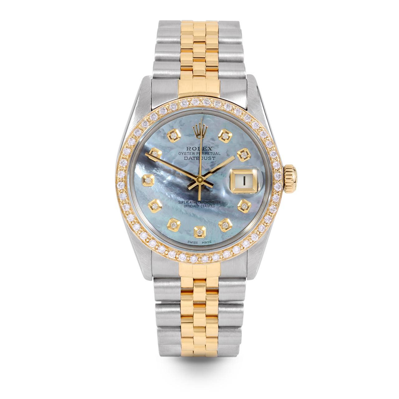 Bead Rolex Mens TT Datejust Blue MOP Diamond Dial Diamond Bezel Watch Ref#16013 For Sale