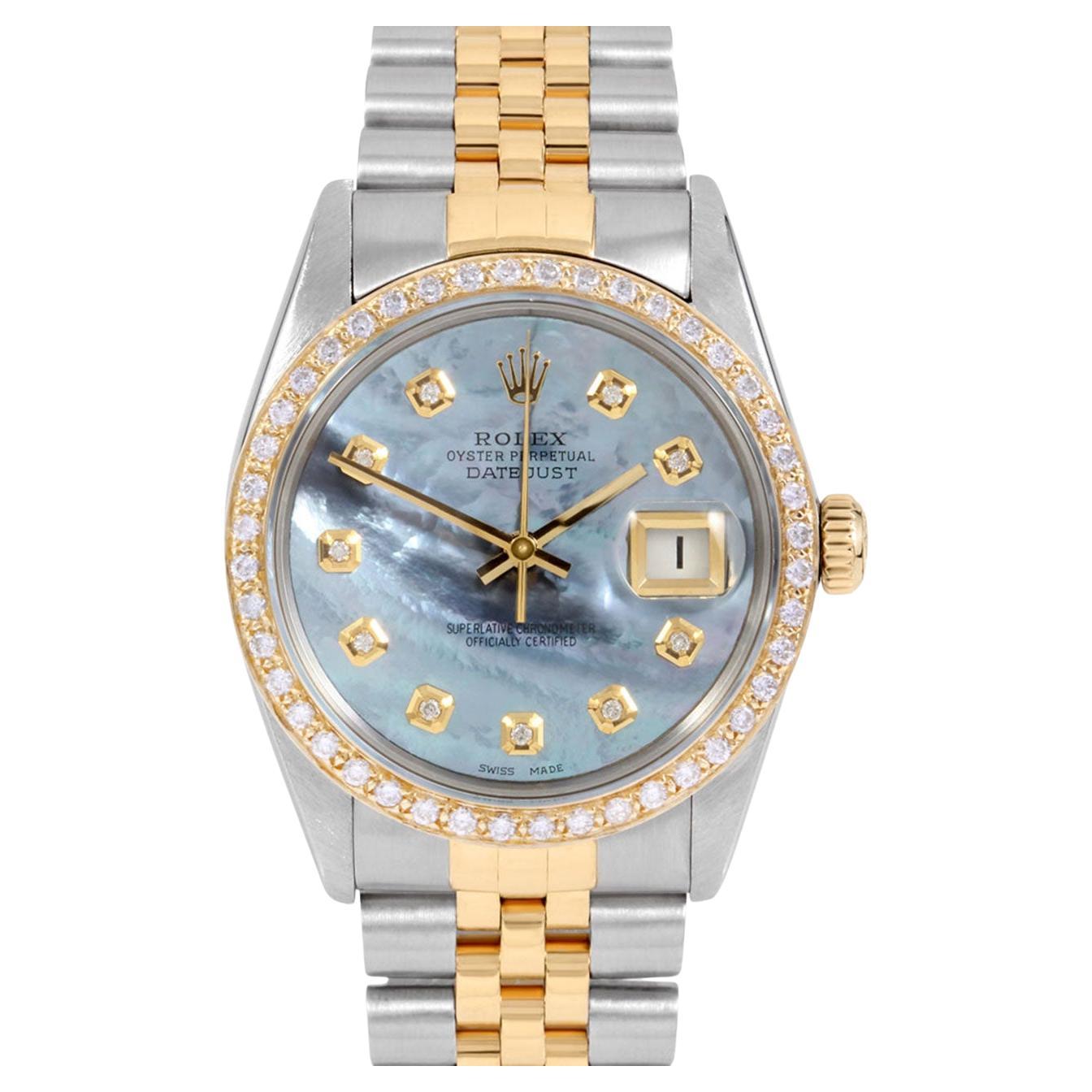 Rolex Mens TT Datejust Blue MOP Diamond Dial Diamond Bezel Watch Ref#16013 For Sale