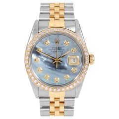 Retro Rolex Mens TT Datejust Blue MOP Diamond Dial Diamond Bezel Watch Ref#16013