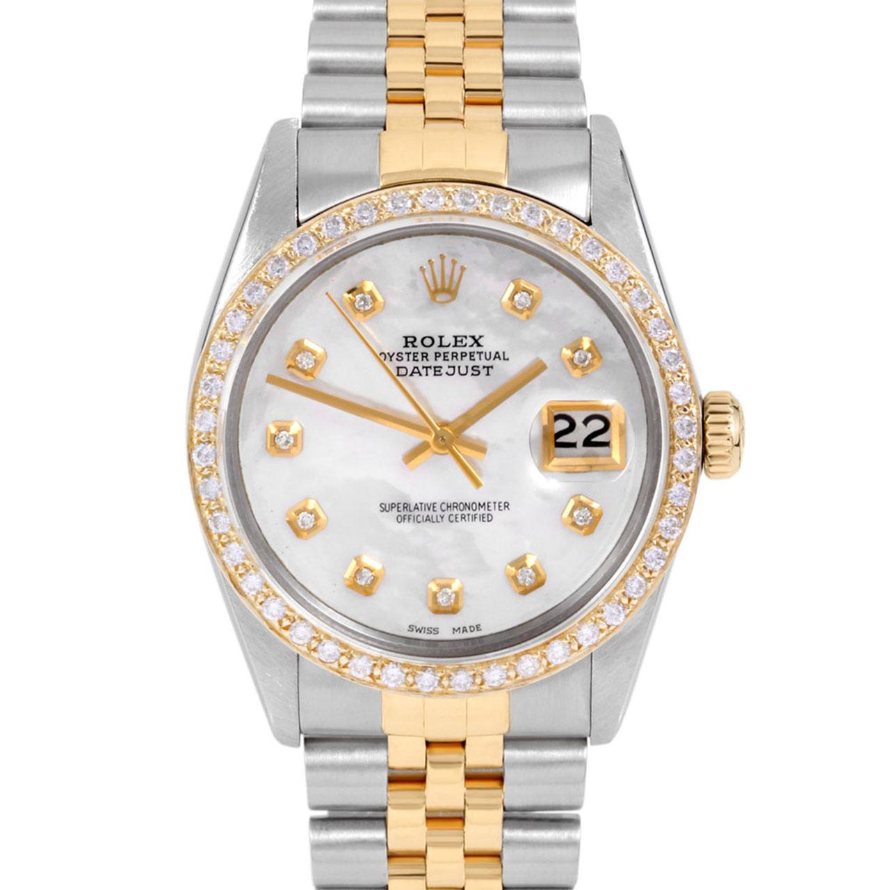 Swiss Wrist - SKU 16013-WMOP-DIA-AM-BDS-JBL

Brand : Rolex
Model : Datejust Ref# 16013 - Plastic Quickset Model 
Gender : Mens
Metals : 14K Yellow Gold/ Stainless Steel
Case Size : 36 mm
Dial : Custom Mother Of Pearl Diamond Dial (This dial is not