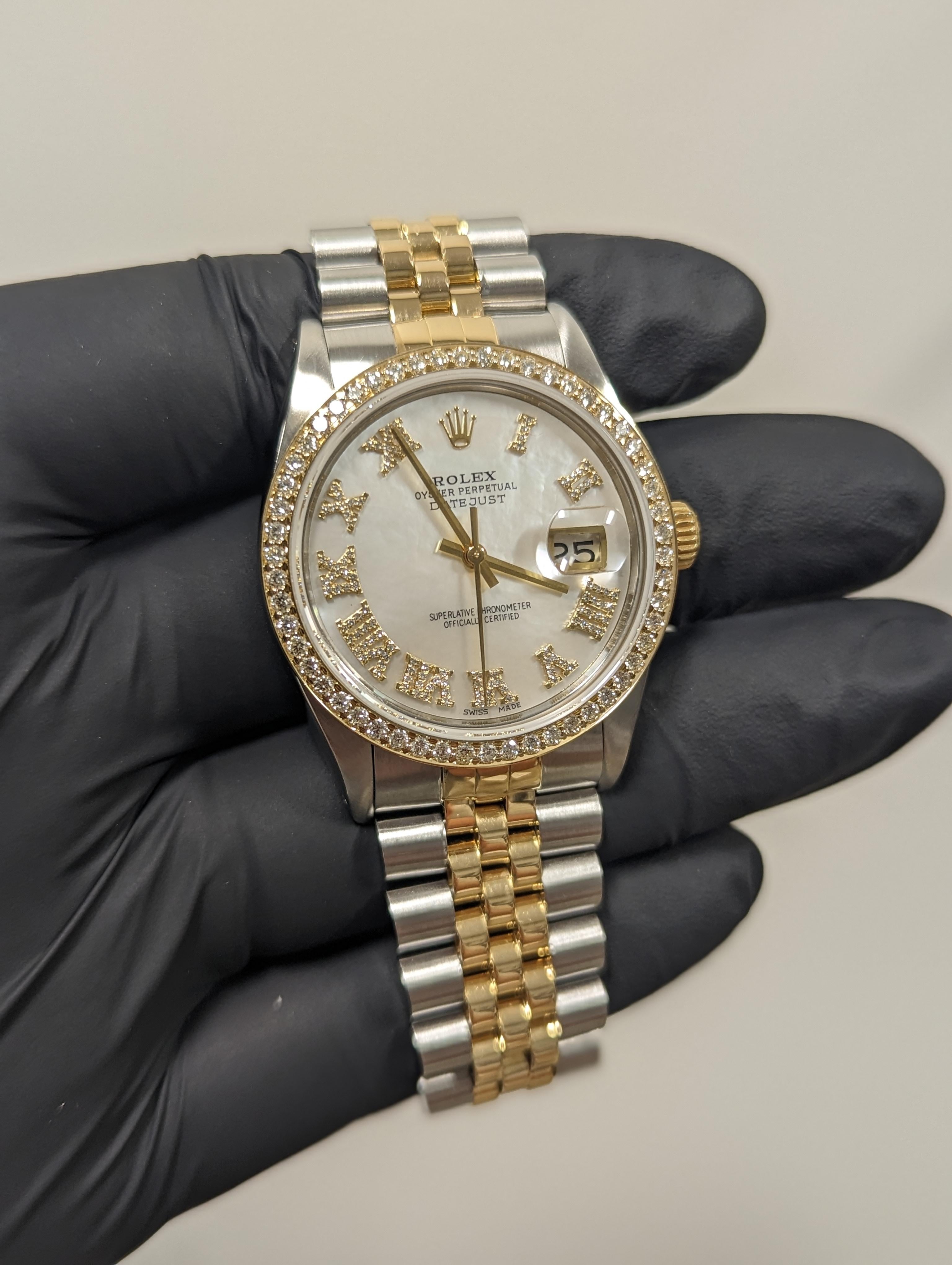 Rolex Herren TT Datejust MOP römische Diamant-Zifferblatt Diamant-Lünette-Uhr Ref#16013 (Perle) im Angebot