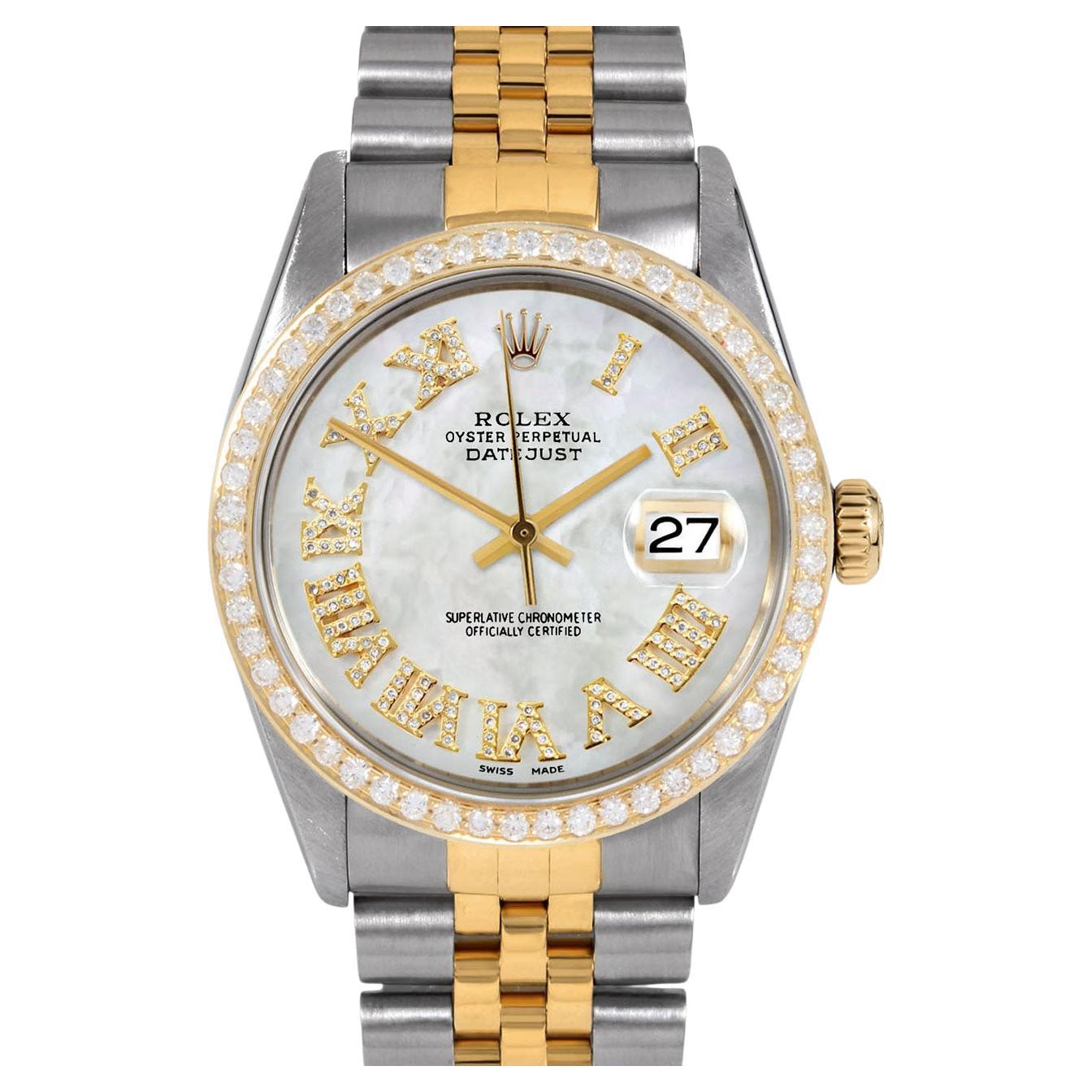 Rolex Mens TT Datejust MOP Roman Diamond Dial Diamond Bezel Watch Ref#16013 For Sale