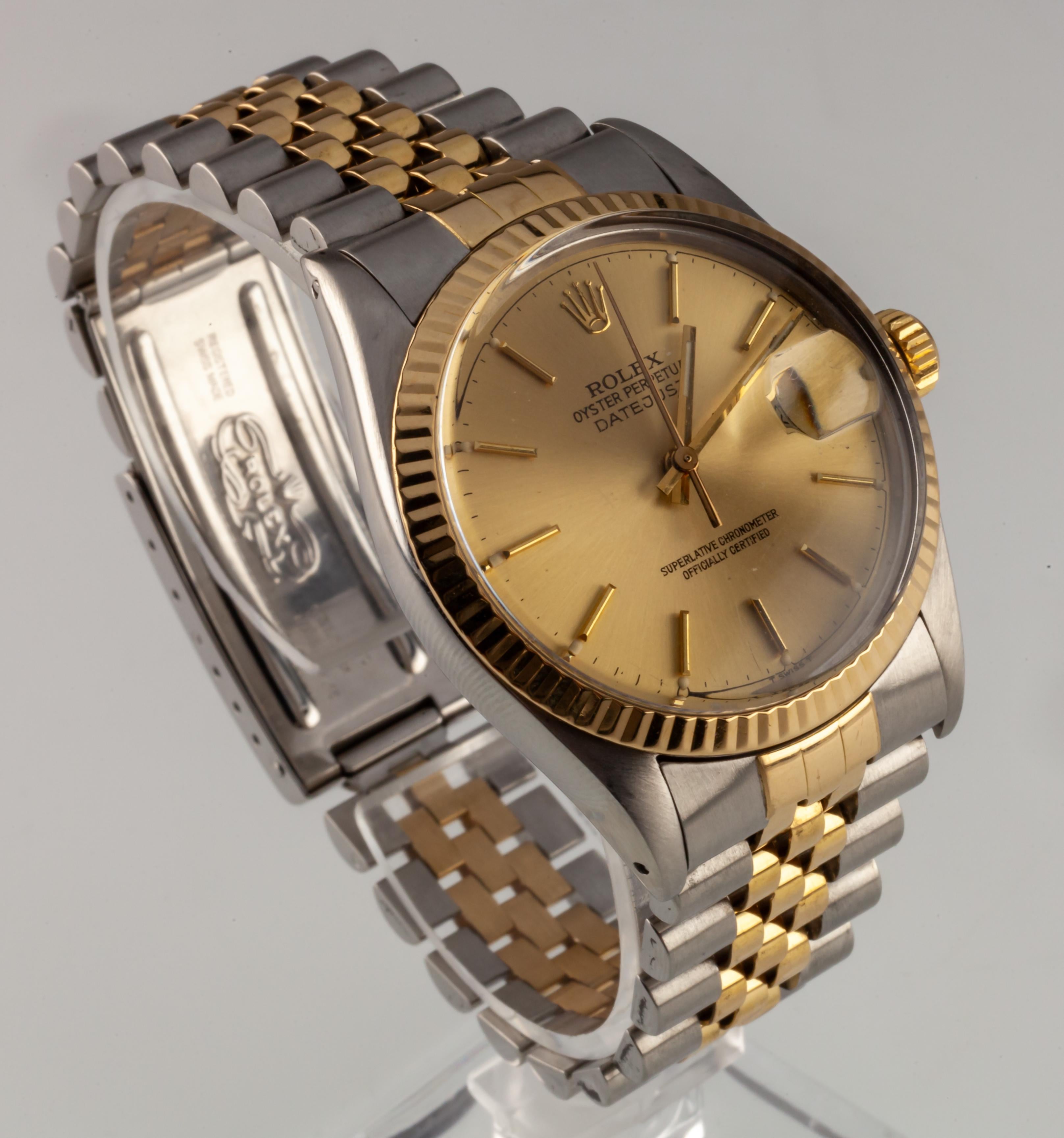 Rolex Men's Two-Tone Jubilee Oyster Perpetual Datejust Watch 16013 1986

Model #16013
Serial #93903XX
Movement #3035
Movement Serial #16717XX
Year: 1986

Stainless Steel Case w/ Fluted 18k Yellow Gold Bezel
Diameter = 36 mm (37 mm w/
