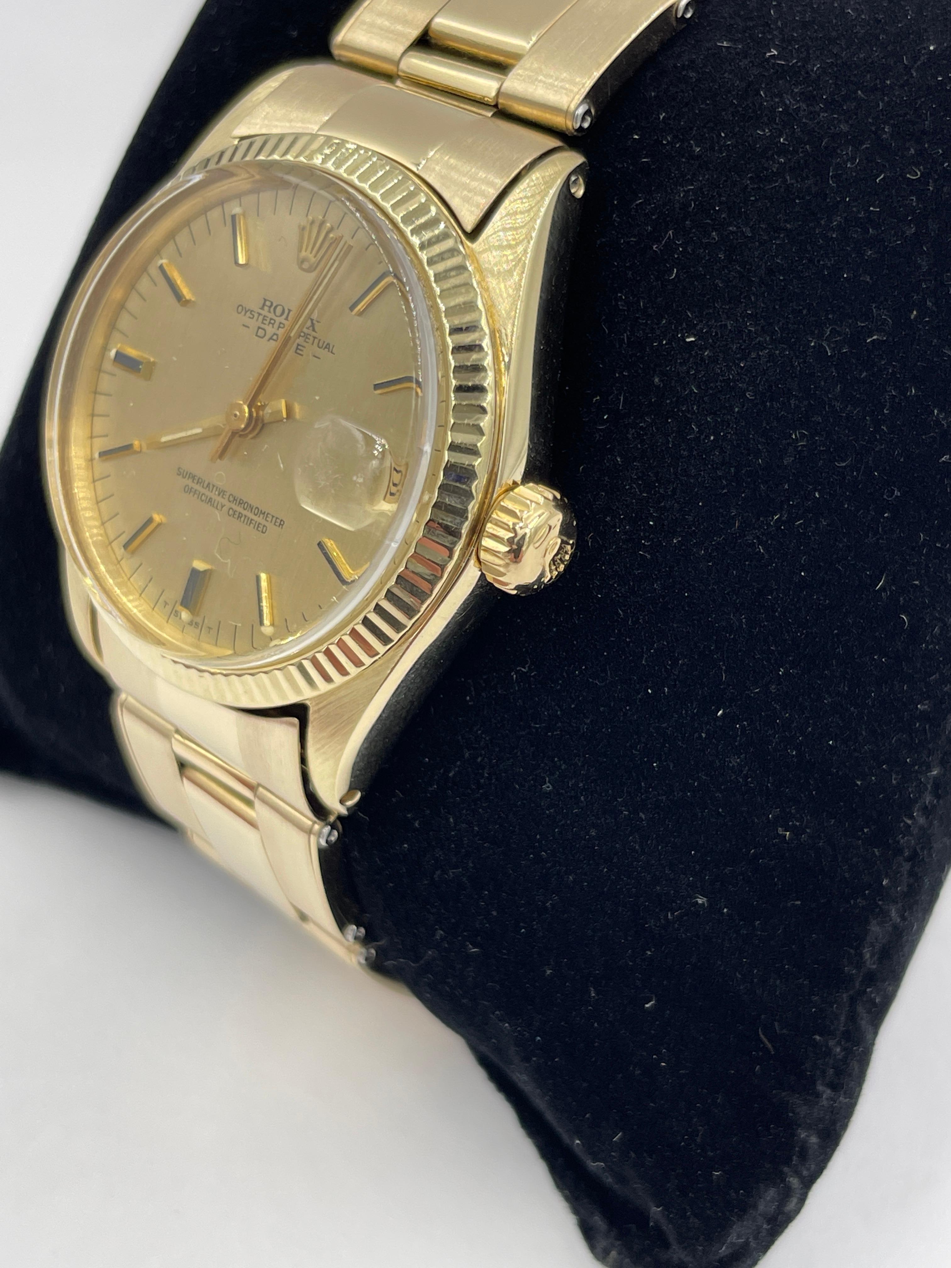 Vintage Rolex 14k yellow gold mid-size date wristwatch, circa 1972.  This watch is still very crisp. The acrylic crystal is in very good condition with minor scratches. With an automatic movement running strong per our watchmaker.  Also with the