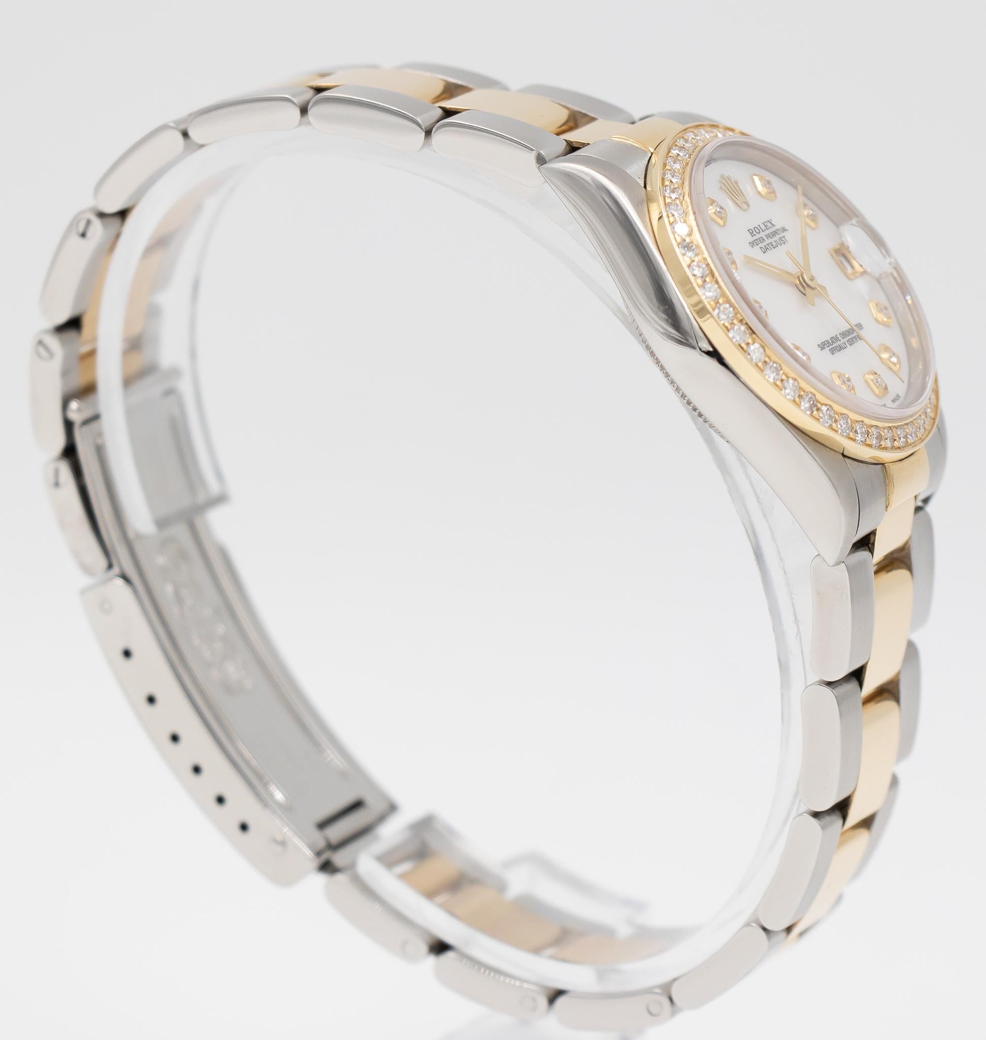 This ladies' Rolex watch came to store as a trade and does come with a box and owner's manual. This beautiful mid-size timepiece features a 31mm stainless steel case, and a custom diamond bezel & mother-of-pearl dial with diamond markers. The power