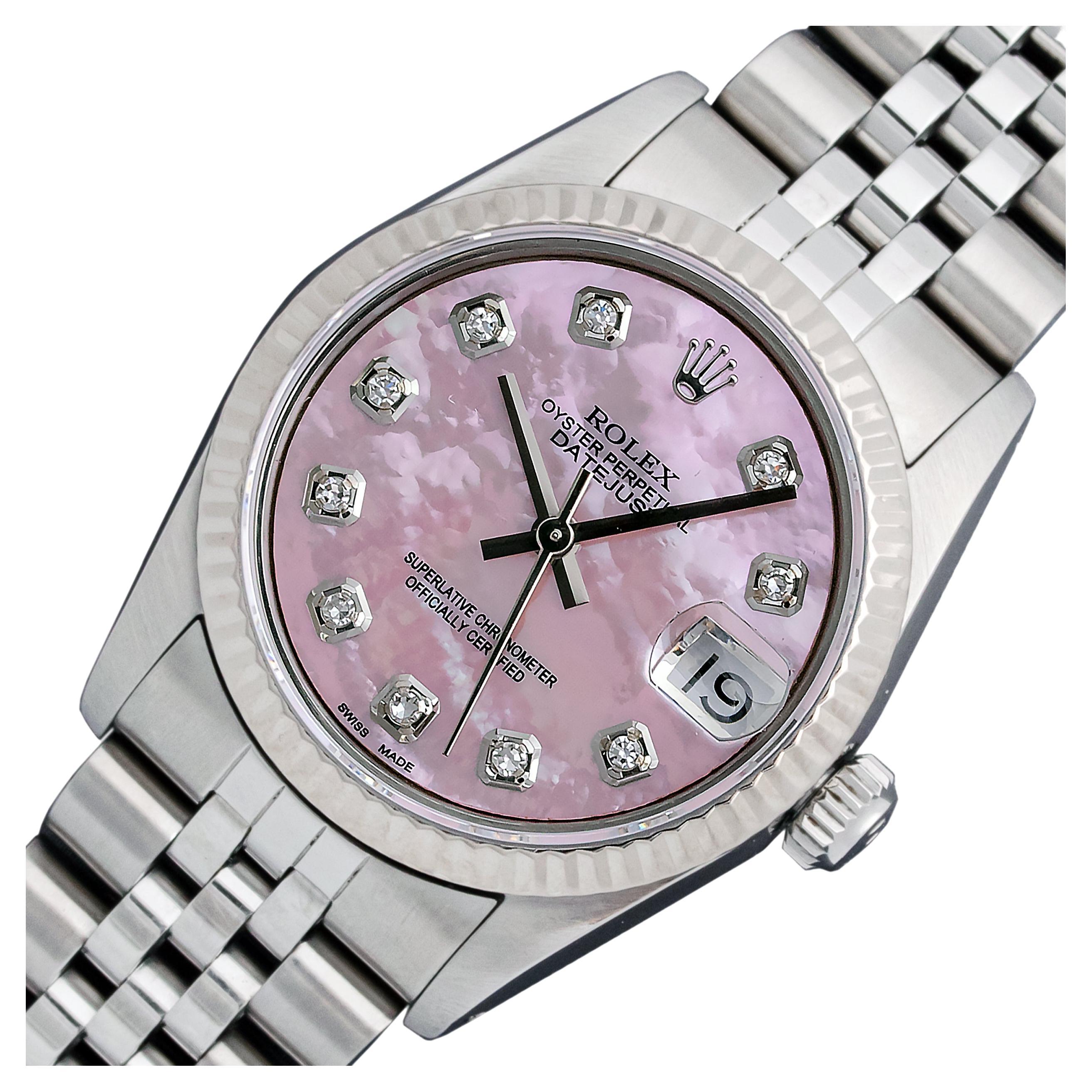 Rolex Mid-Size Datejust Steel and 18 Karat Gold Pink MOP Diamond Dial Watch For Sale