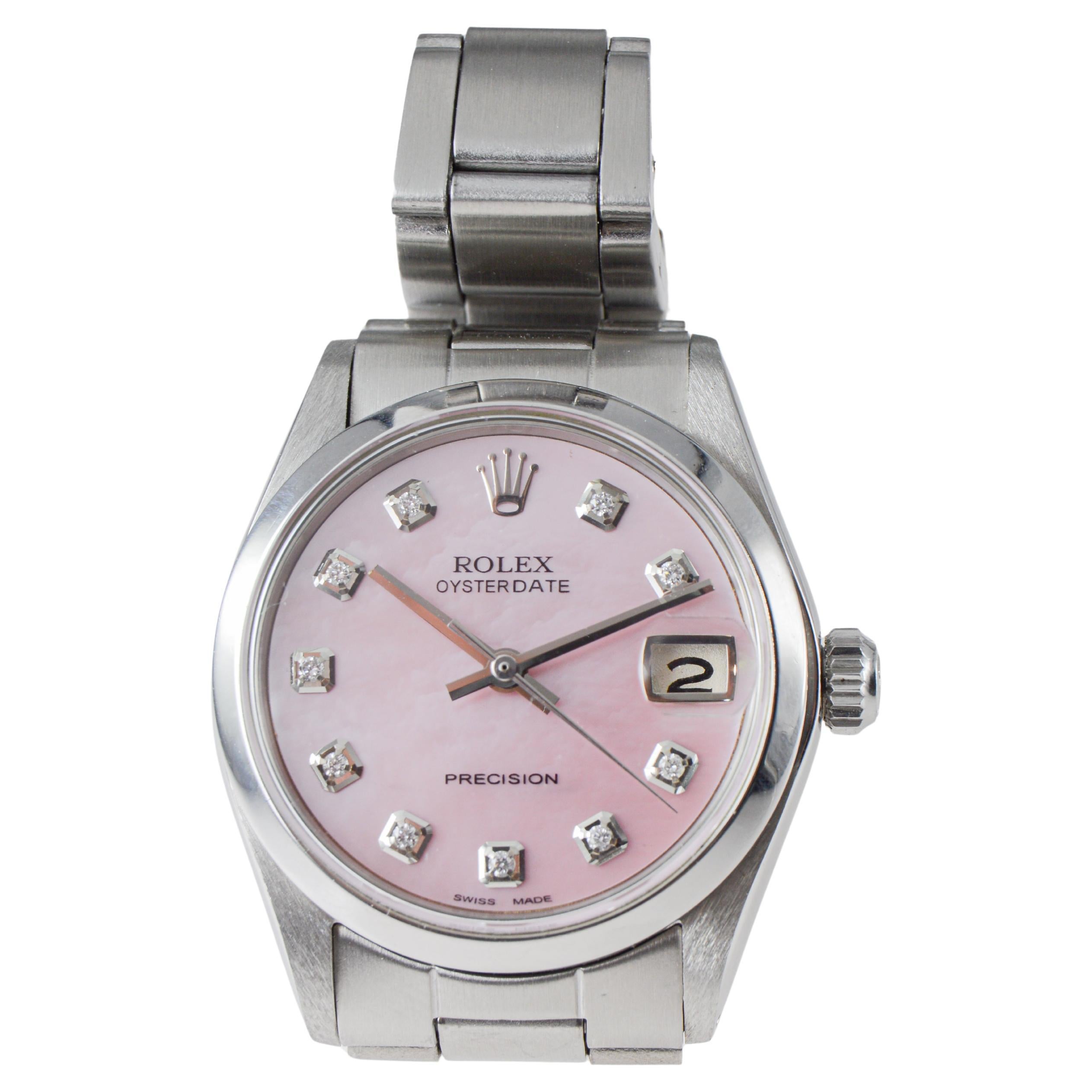 Rolex Mid Size Steel Oysterdate with Custom Pink M.O.P. Dial and Diamond Markers en vente 5