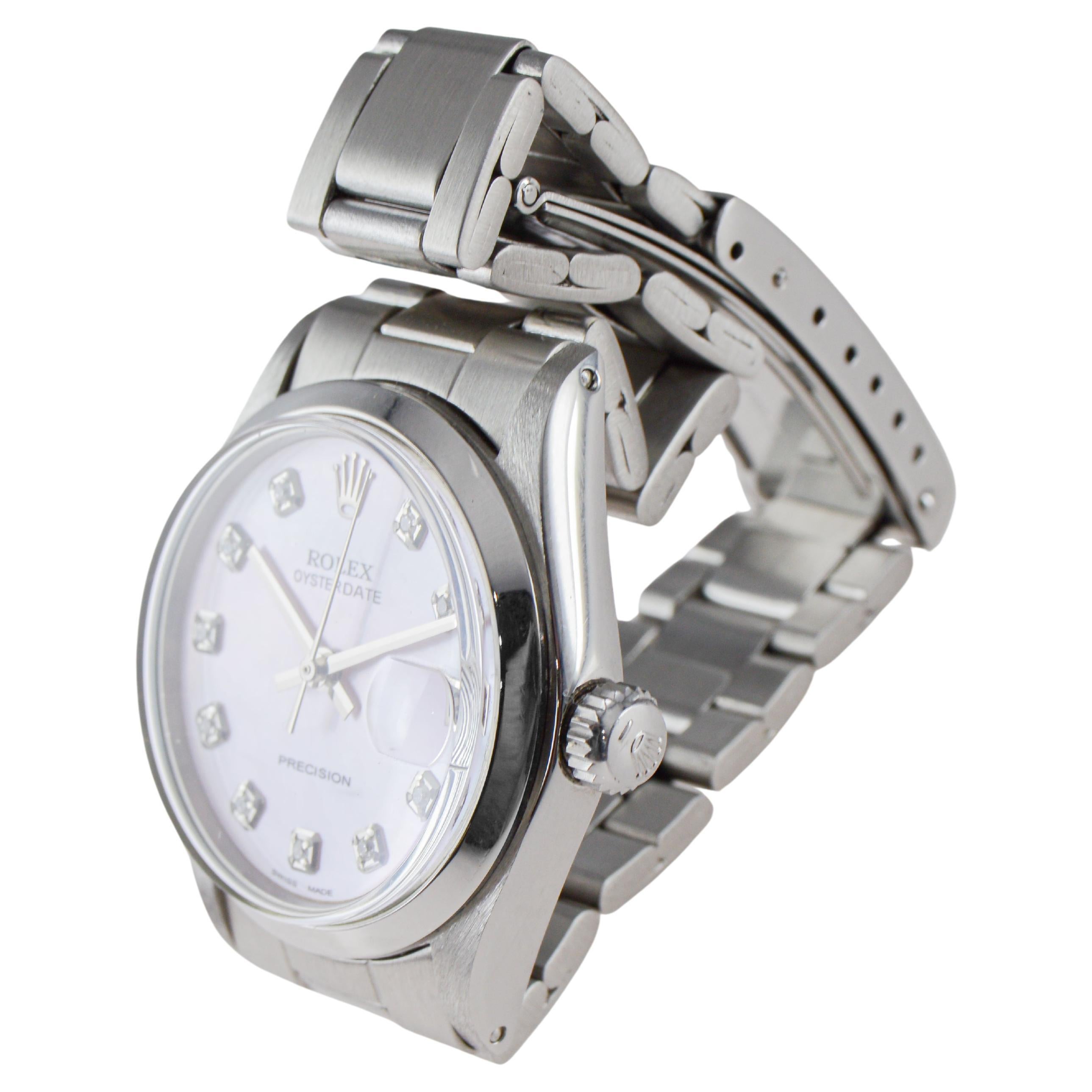 Rolex Mid Size Steel Oysterdate with Custom Pink M.O.P. Dial and Diamond Markers en vente 6