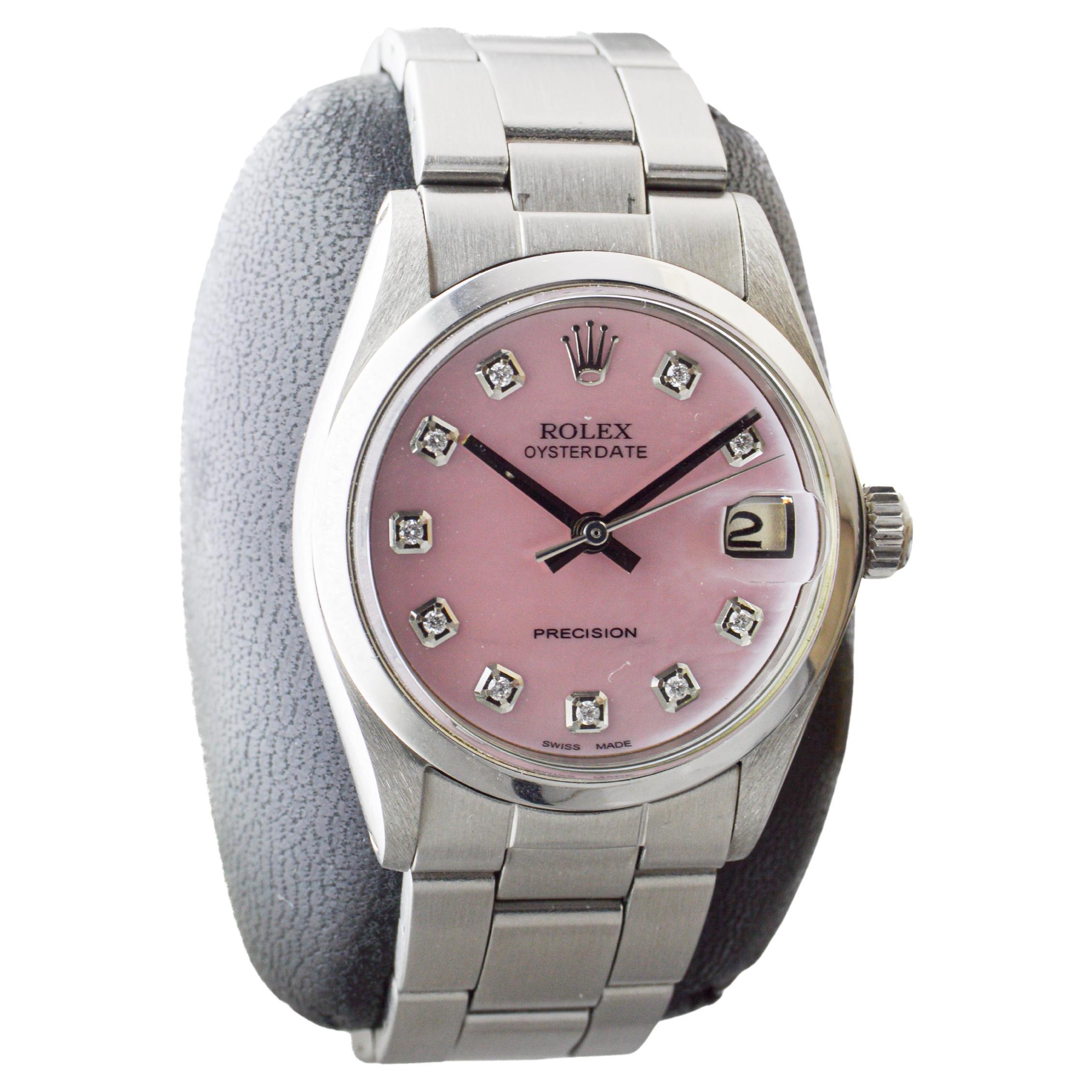 Moderne Rolex Mid Size Steel Oysterdate with Custom Pink M.O.P. Dial and Diamond Markers en vente