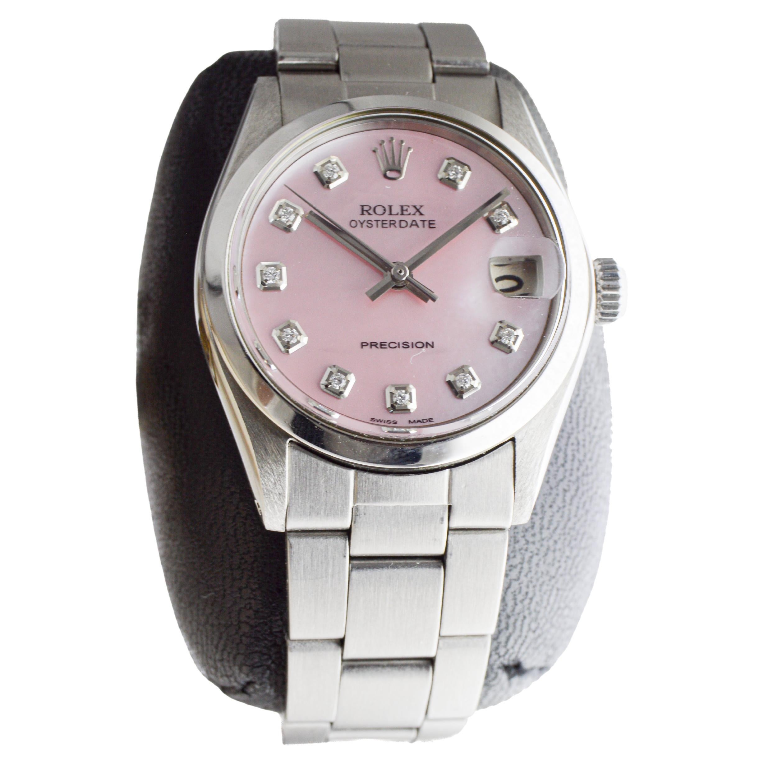 Rolex Mid Size Steel Oysterdate with Custom Pink M.O.P. Dial and Diamond Markers Pour femmes en vente