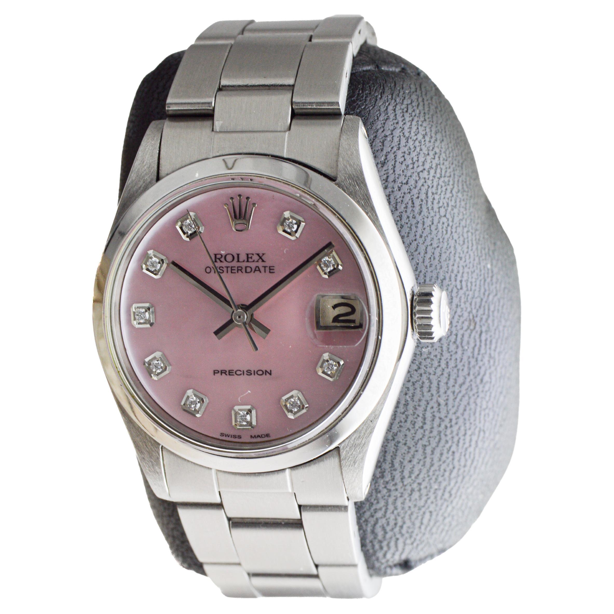 Rolex Mid Size Steel Oysterdate with Custom Pink M.O.P. Dial and Diamond Markers en vente 1