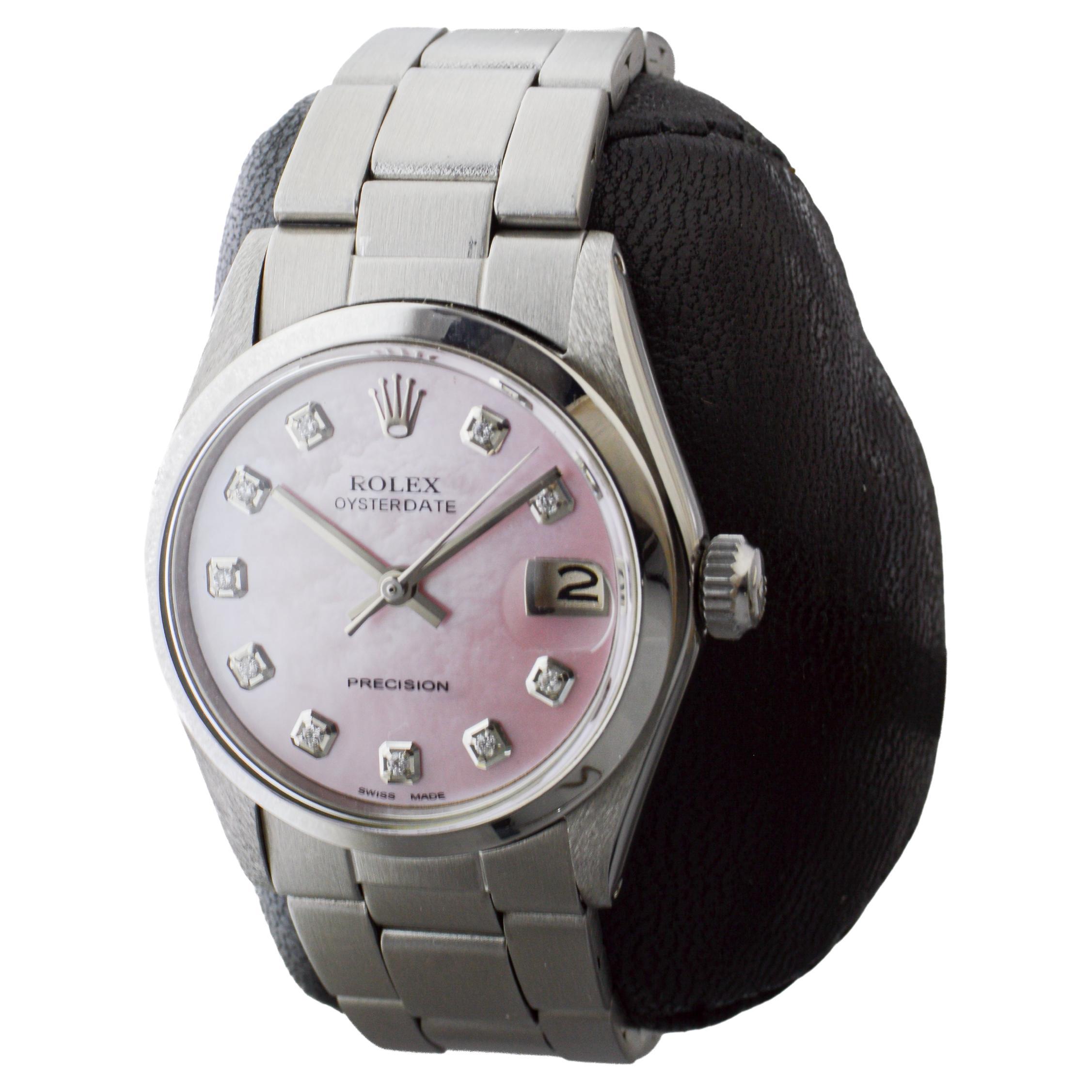 Rolex Mid Size Steel Oysterdate with Custom Pink M.O.P. Dial and Diamond Markers en vente 2