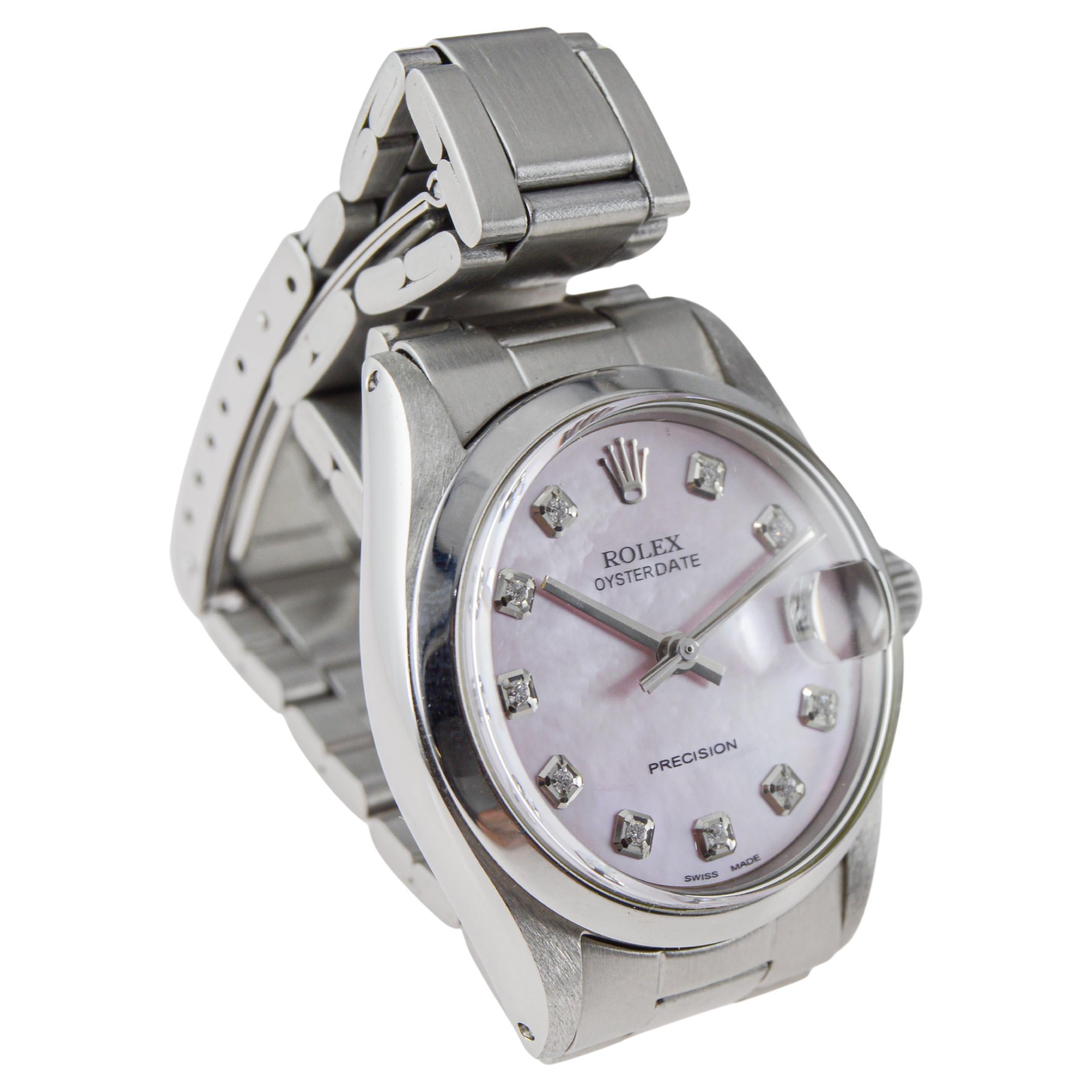 Rolex Mid Size Steel Oysterdate with Custom Pink M.O.P. Dial and Diamond Markers en vente 3