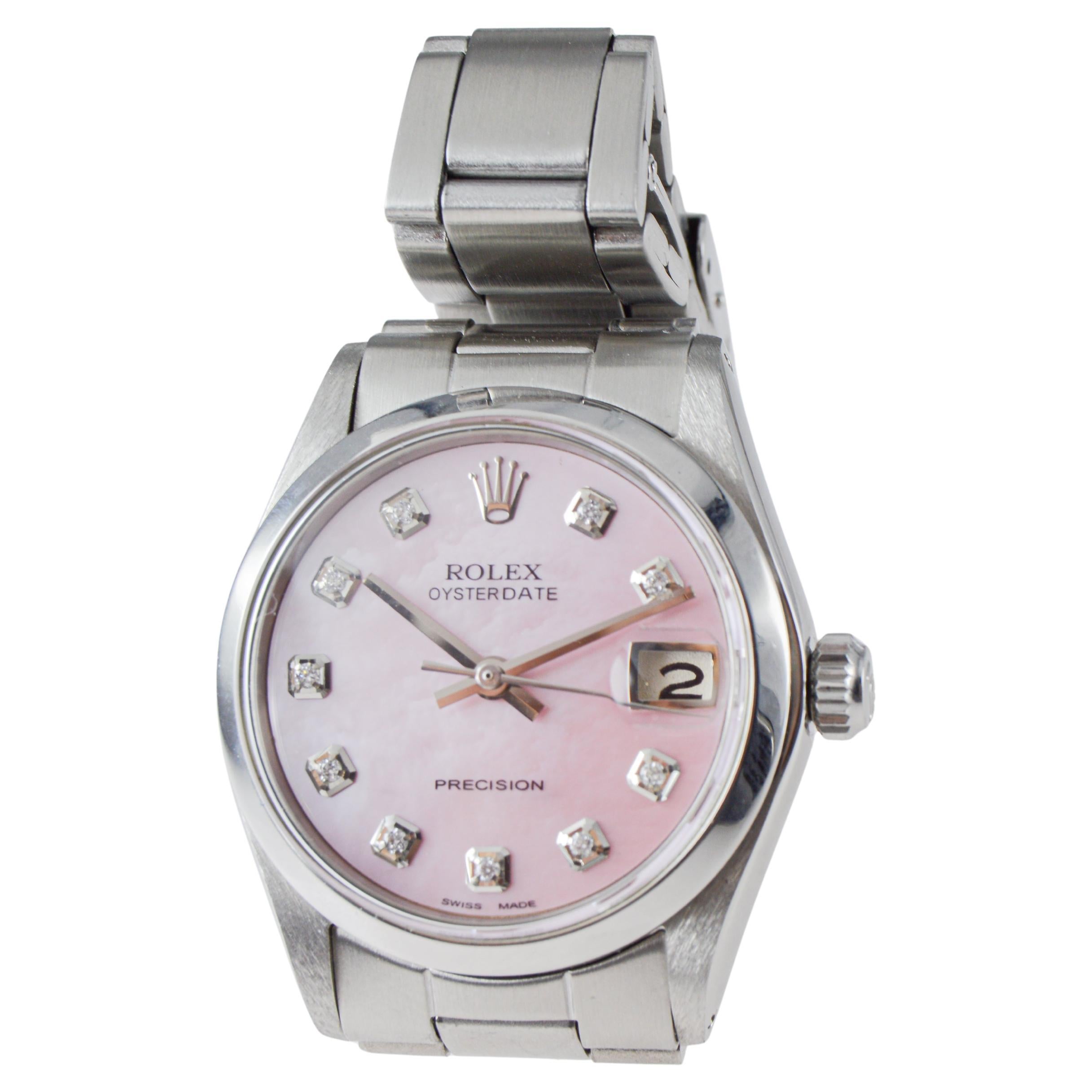 Rolex Mid Size Steel Oysterdate with Custom Pink M.O.P. Dial and Diamond Markers en vente 4