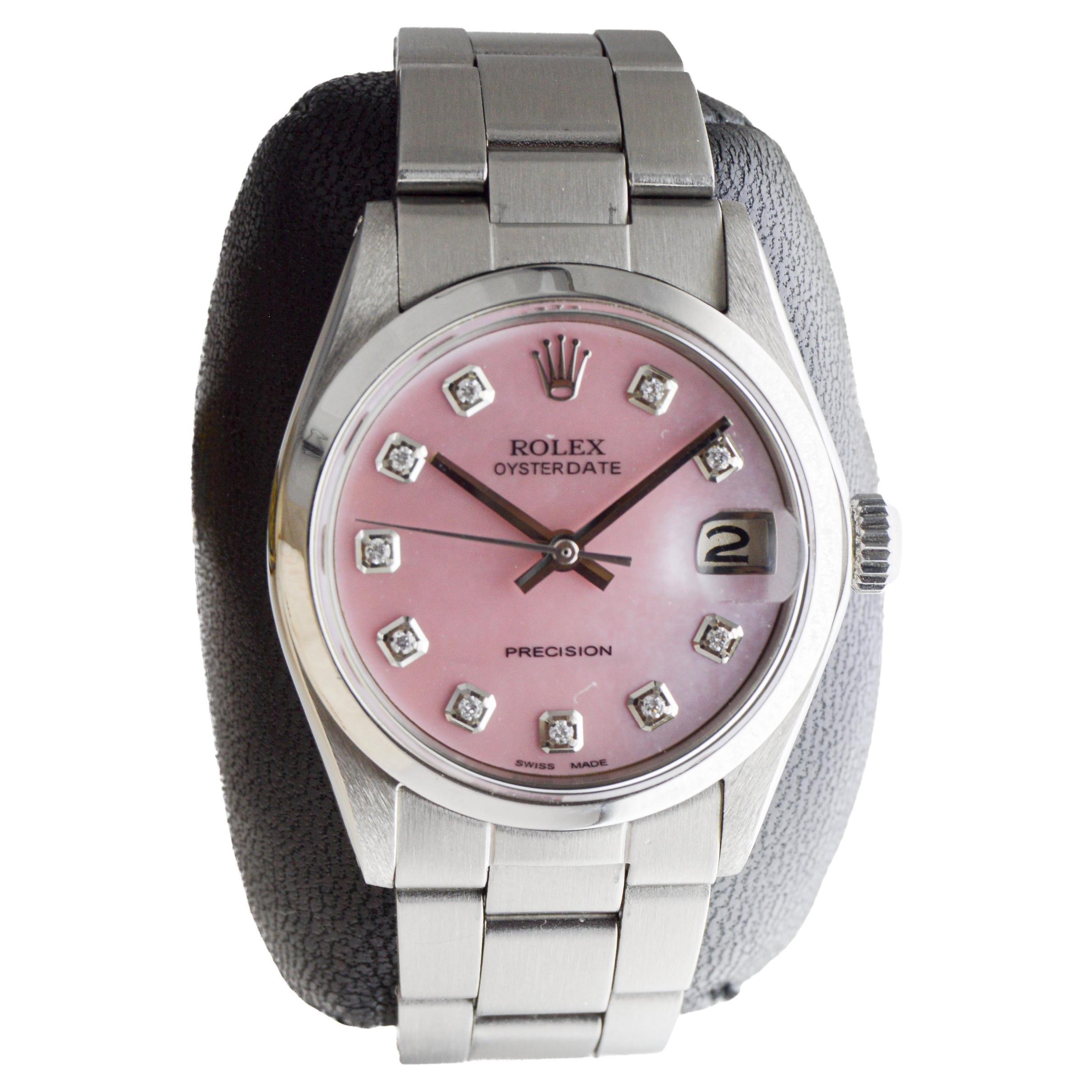 Rolex Mid Size Steel Oysterdate with Custom Pink M.O.P. Dial and Diamond Markers