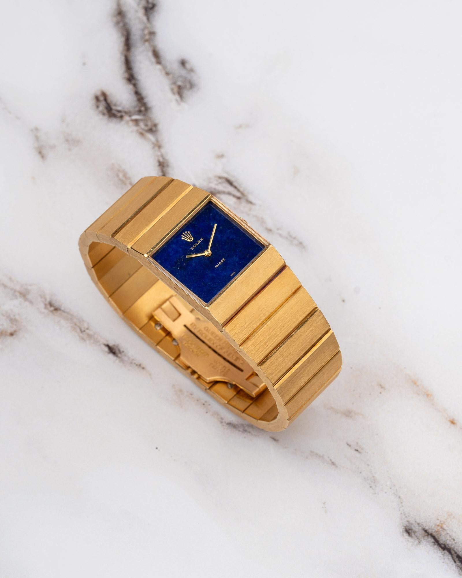 Rolex Midas 3585 Cadran Lapis Lazuli 18k YG 1975 en vente 9