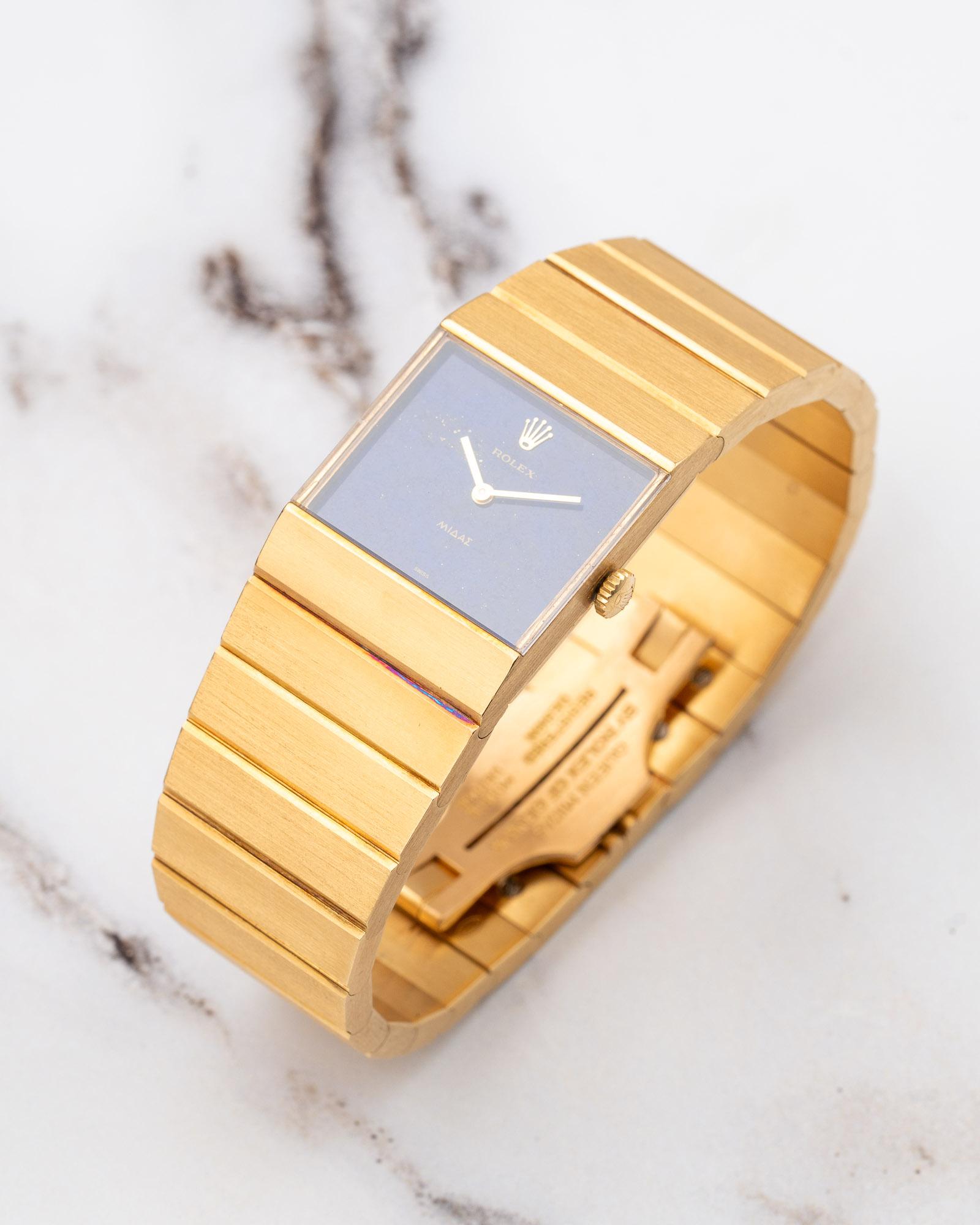 Rolex Midas 3585 Cadran Lapis Lazuli 18k YG 1975 en vente 11