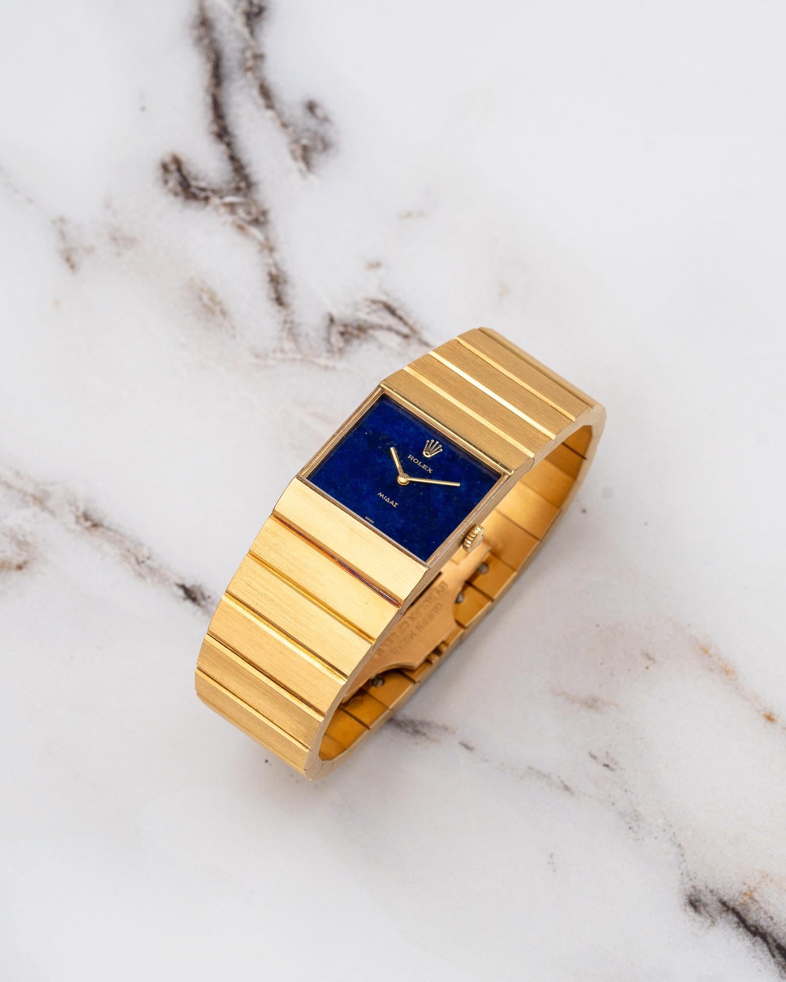 Rolex Midas 3585 Cadran Lapis Lazuli 18k YG 1975 en vente 4