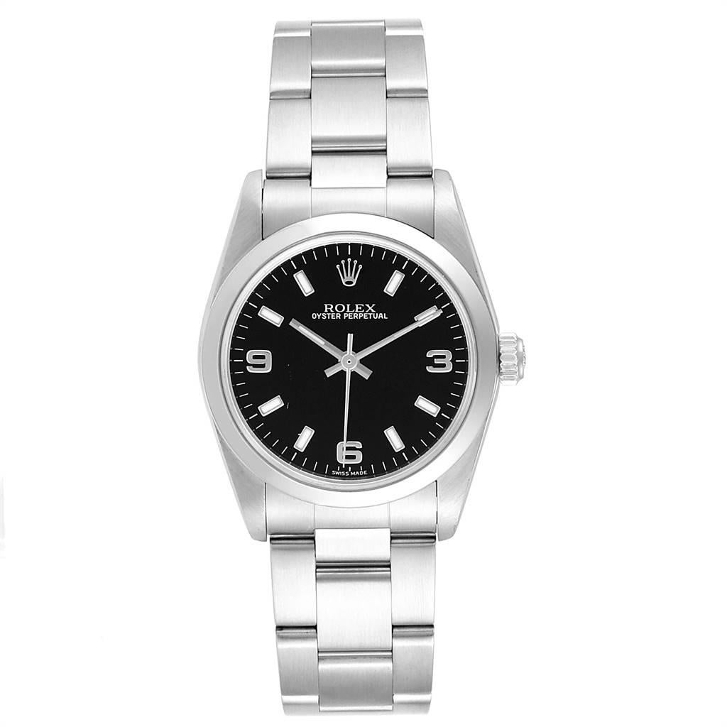 Rolex Midsize 31 Black Baton Dial Steel Ladies Watch 77080. Officially certified chronometer self-winding movement. Stainless steel oyster case 31.0 mm in diameter. Rolex logo on a crown. Stainless steel smooth bezel. Scratch resistant sapphire