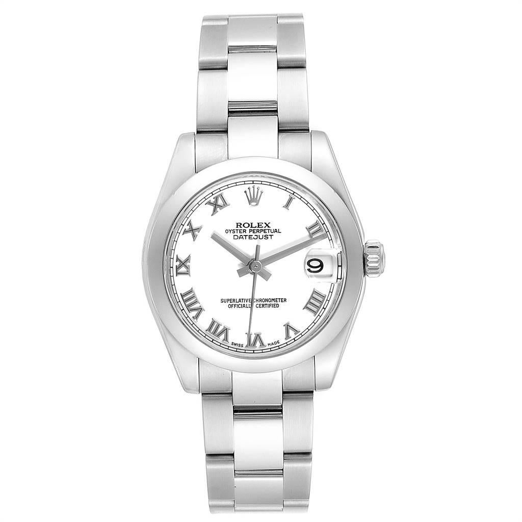 Rolex Midsize 31 Datejust White Dial Steel Ladies Watch 178240 Box Card. Officially certified chronometer self-winding movement with quickset date function. Stainless steel oyster case 31.0 mm in diameter. Rolex logo on a crown. Stainless steel