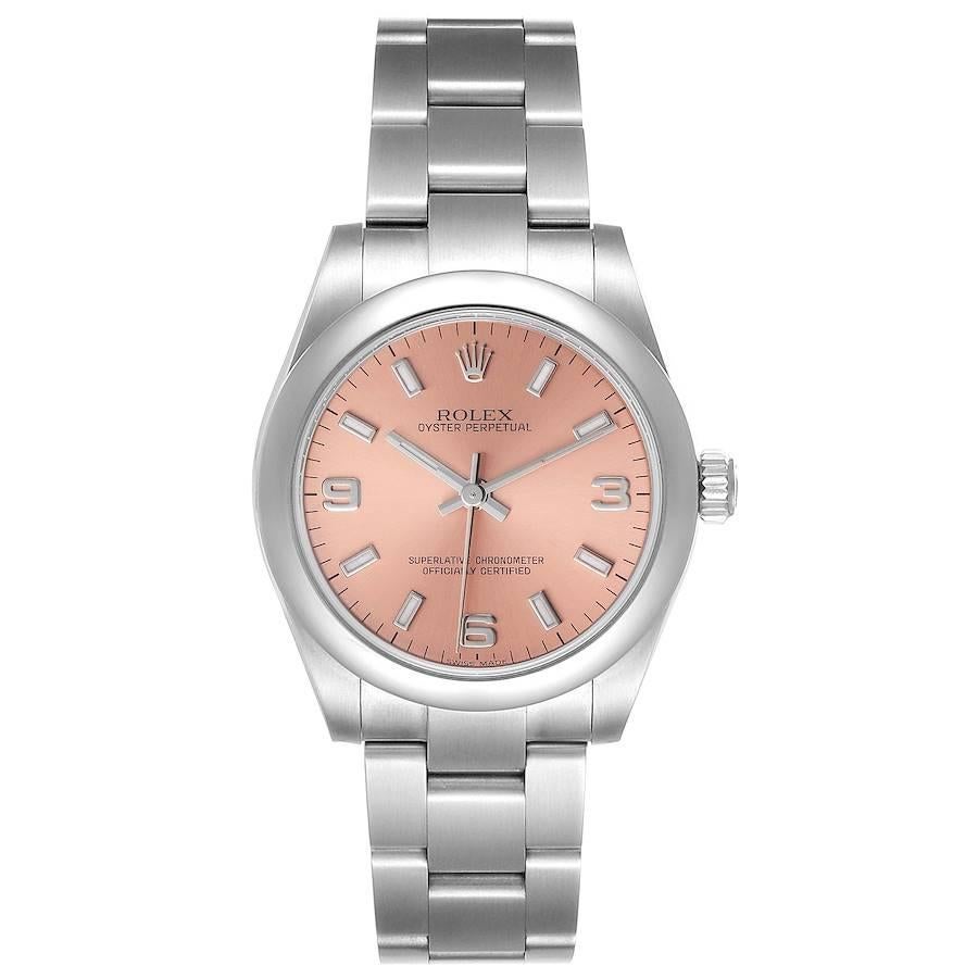 Rolex Midsize 31 Salmon Dial Domed Bezel Steel Ladies Watch 177200. Officially certified chronometer self-winding movement. Stainless steel oyster case 31.0 mm in diameter. Rolex logo on a crown. Stainless steel smooth domed bezel. Scratch resistant