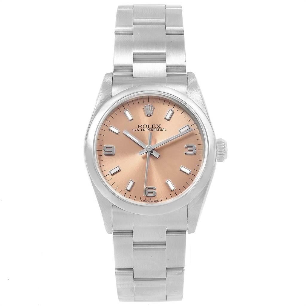 Rolex Midsize 31 Salmon Dial Oyster Bracelet Ladies Watch 67480 In Good Condition In Atlanta, GA