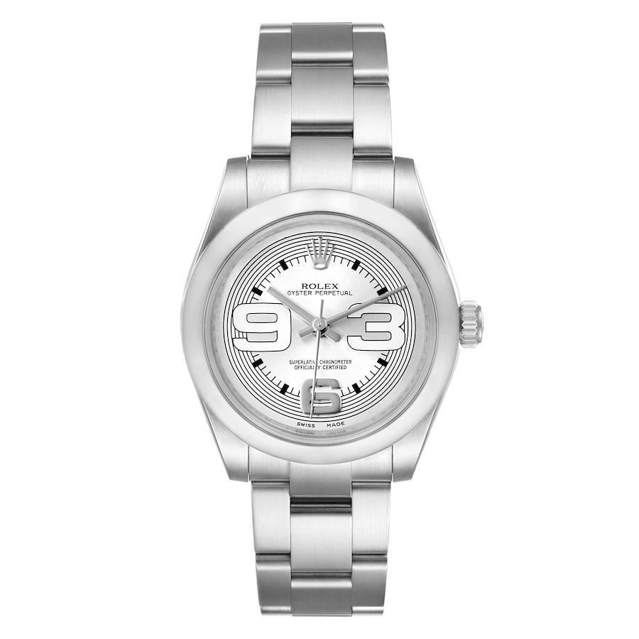 Rolex Midsize 31 Silver Dial Domed Bezel Steel Ladies Watch 177200. Officially certified chronometer self-winding movement. Stainless steel oyster case 31.0 mm in diameter. Rolex logo on a crown. Stainless steel smooth domed bezel. Scratch resistant