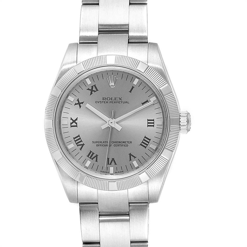 Rolex Midsize 31 Silver Rhodium Dial Steel Ladies Watch 177210. Officially certified chronometer self-winding movement. Stainless steel oyster case 31.0 mm in diameter. Rolex logo on a crown. Stainless steel engine turned bezel. Scratch resistant