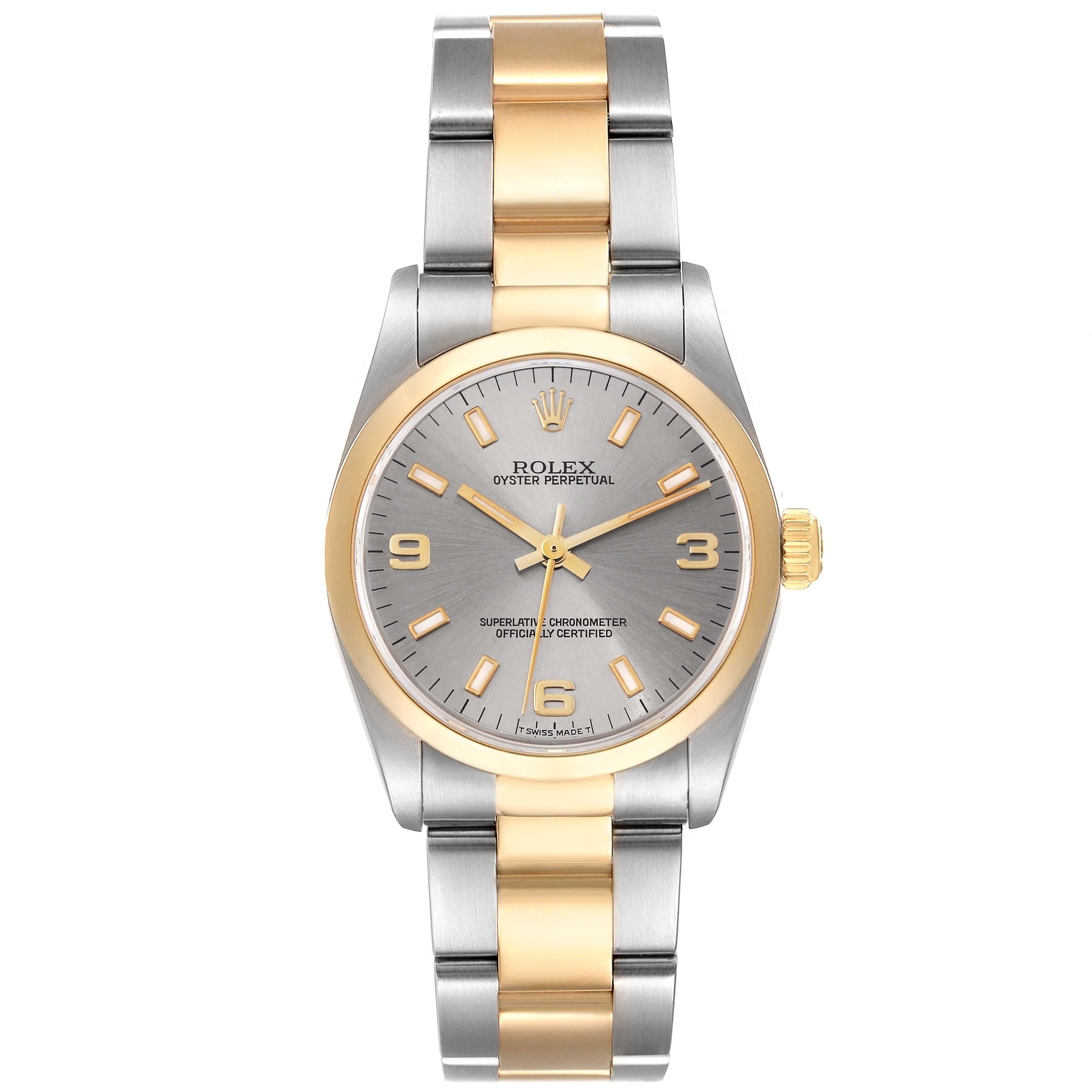 Rolex Midsize 31 Slate Dial Yellow Gold Steel Ladies Watch 67483. Officially certified chronometer automatic self-winding movement. Stainless steel and 18K yellow gold round case 31 mm in diameter. Rolex logo on a crown. 18K yellow gold smooth domed