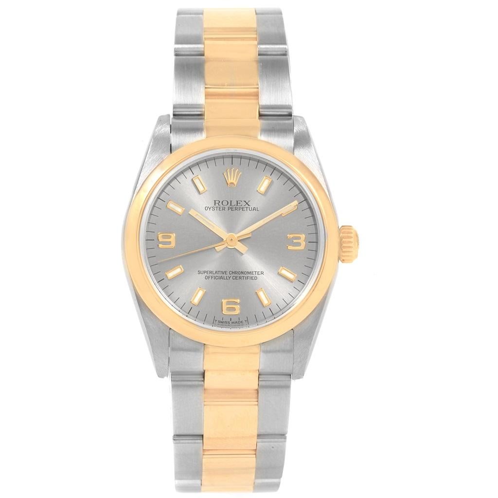 Rolex Midsize Slate Dial Yellow Gold Steel Ladies Watch 77483 In Excellent Condition In Atlanta, GA