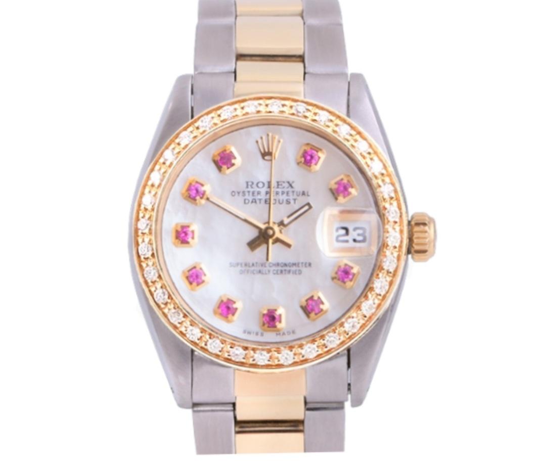 Round Cut Rolex Ladies 31mm MOP 6827 Diamond Ruby two-tone Oyster  For Sale