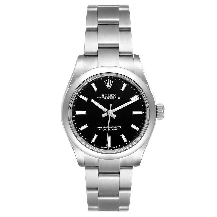 Rolex Midsize 31mm Black Dial Automatic Steel Ladies Watch 277200 Unworn. Automatic self-winding movement. Stainless steel oyster case 31.0 mm in diameter. Rolex logo on a crown. Stainless steel smooth bezel. Scratch resistant sapphire crystal.