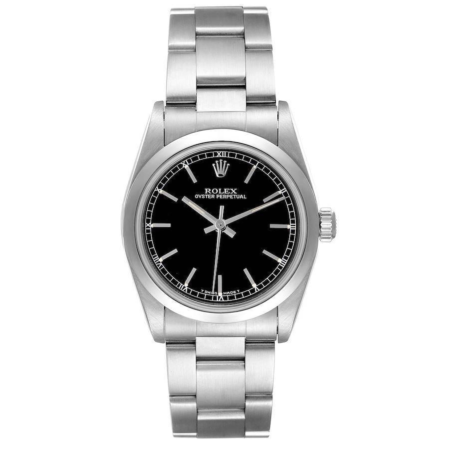 Rolex Midsize 31mm Black Dial Automatic Steel Ladies Watch 67480. Automatic self-winding movement. Stainless steel oyster case 31.0 mm in diameter. Rolex logo on a crown. Stainless steel smooth bezel. Scratch resistant sapphire crystal. Black dial