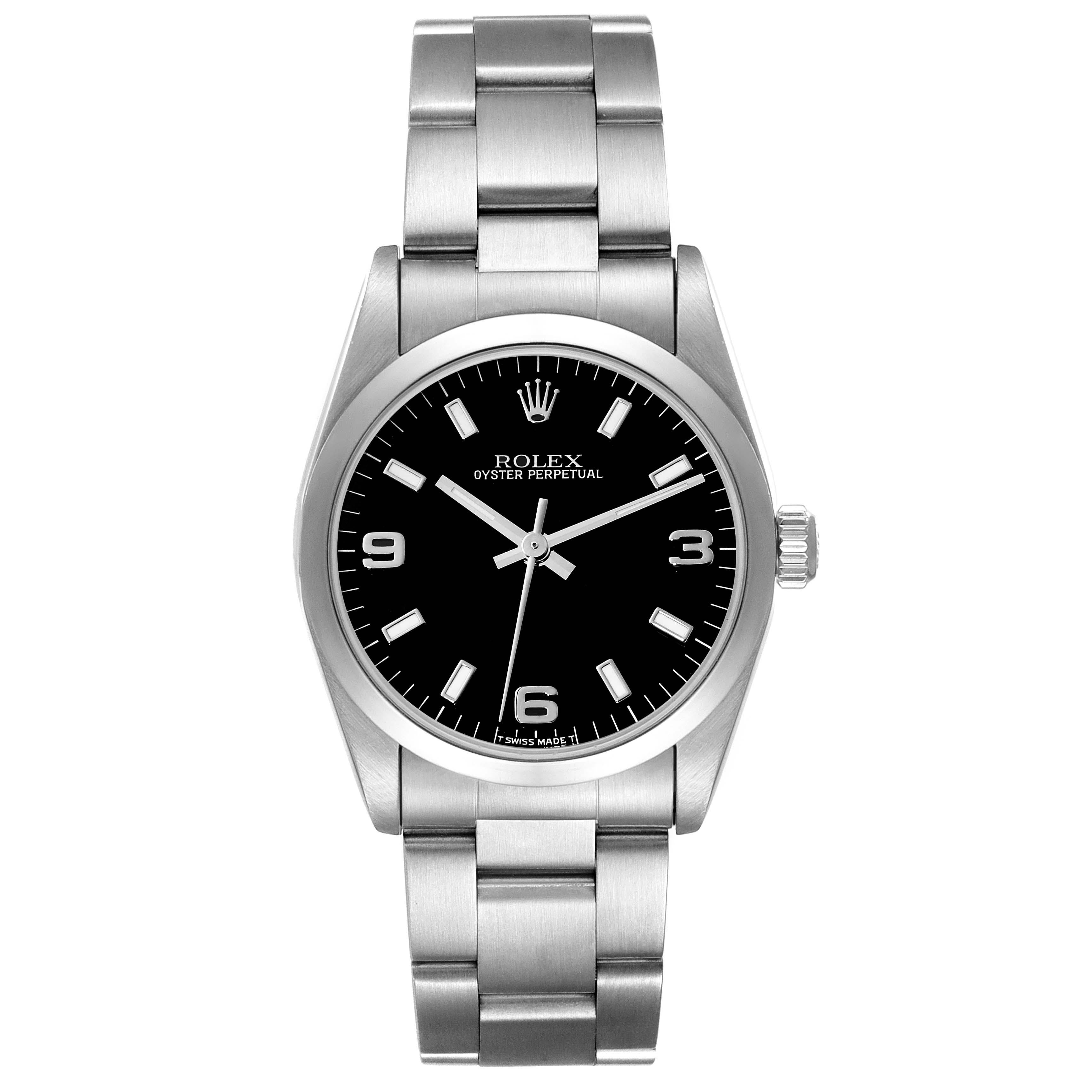 Rolex Midsize 31mm Black Dial Automatic Steel Ladies Watch 67480. Automatic self-winding movement. Stainless steel oyster case 31.0 mm in diameter. Rolex logo on a crown. Stainless steel smooth bezel. Scratch resistant sapphire crystal. Black dial