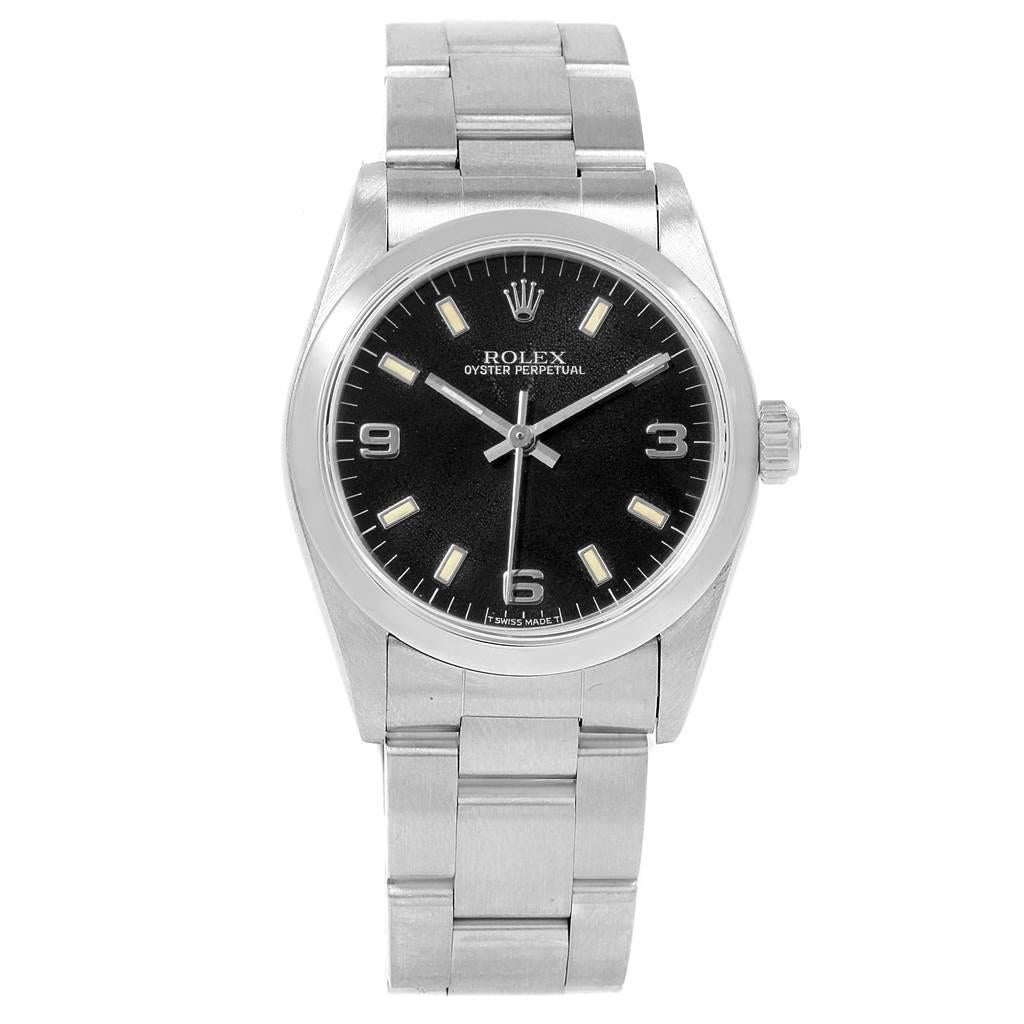 Rolex Midsize Black Dial Automatic Steel Ladies Watch 67480 In Good Condition In Atlanta, GA