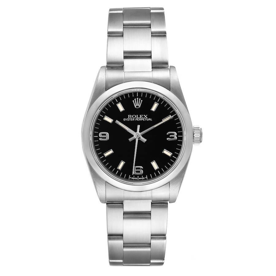 Rolex Midsize 31mm Black Dial Automatic Steel Ladies Watch 67480 Papers. Automatic self-winding movement. Stainless steel oyster case 31.0 mm in diameter. Rolex logo on a crown. Stainless steel smooth bezel. Scratch resistant sapphire crystal. Black