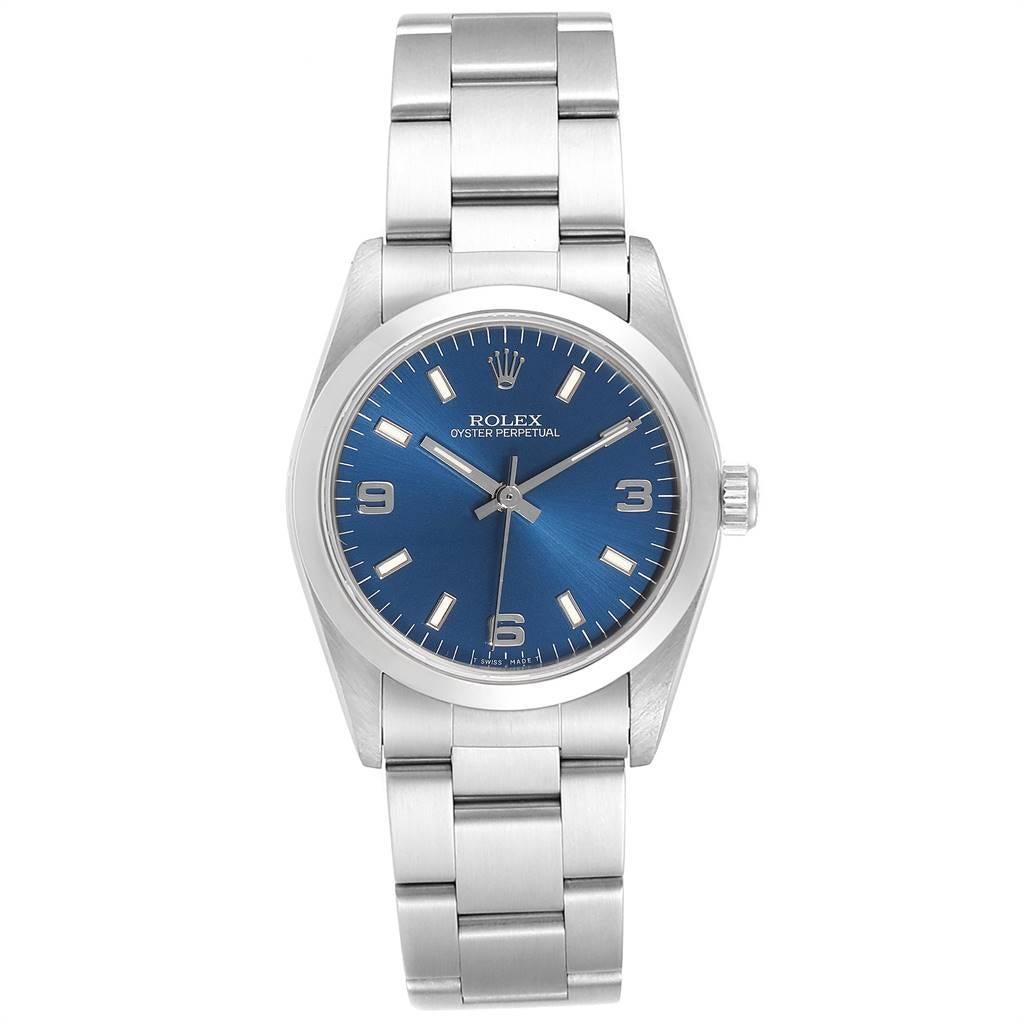 Rolex Midsize 31mm Blue Dial Automatic Steel Ladies Watch 67480. Automatic self-winding movement. Stainless steel oyster case 31.0 mm in diameter. Rolex logo on a crown. Stainless steel smooth bezel. Scratch resistant sapphire crystal. Blue dial
