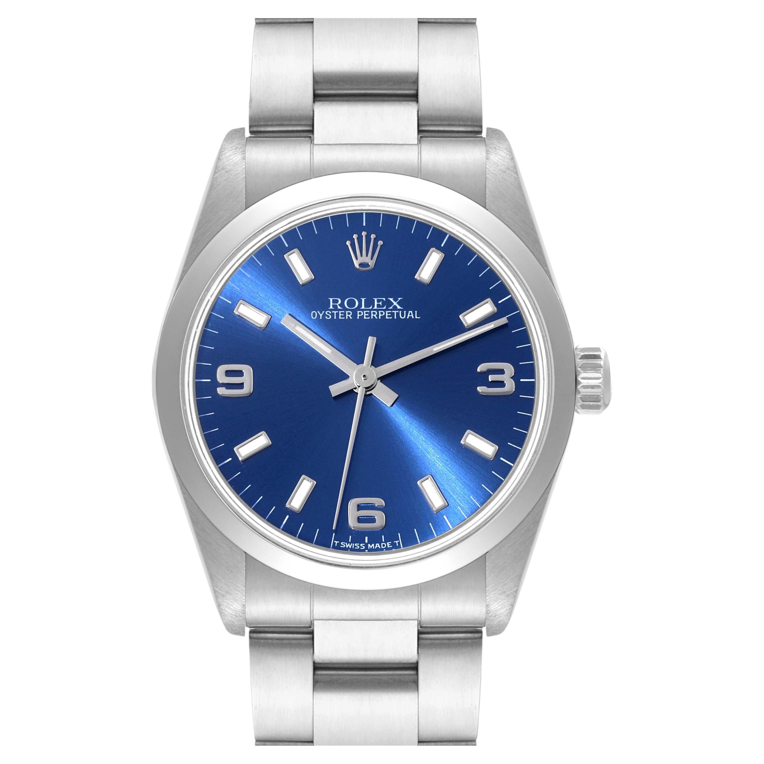 Rolex Montre pour femme en acier automatique avec cadran bleu, taille moyenne de 31 mm, 67480 en vente