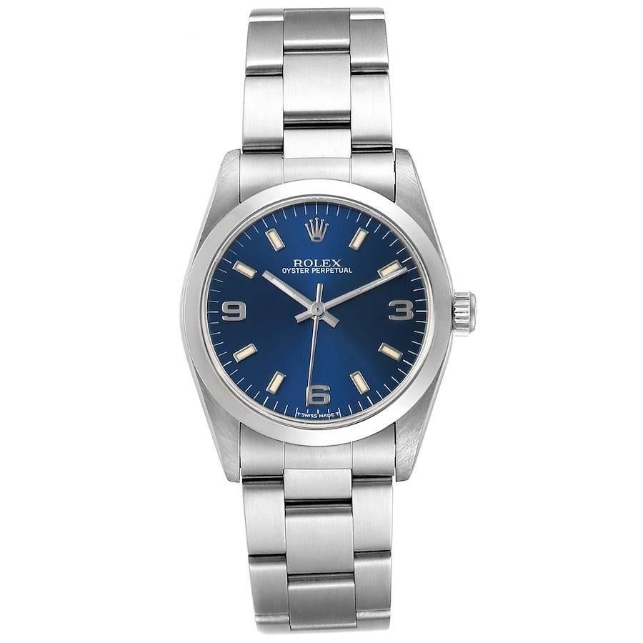 Rolex Midsize 31mm Blue Dial Automatic Steel Ladies Watch 67480 Papers. Automatic self-winding movement. Stainless steel oyster case 31.0 mm in diameter. Rolex logo on a crown. Stainless steel smooth bezel. Scratch resistant sapphire crystal. Blue