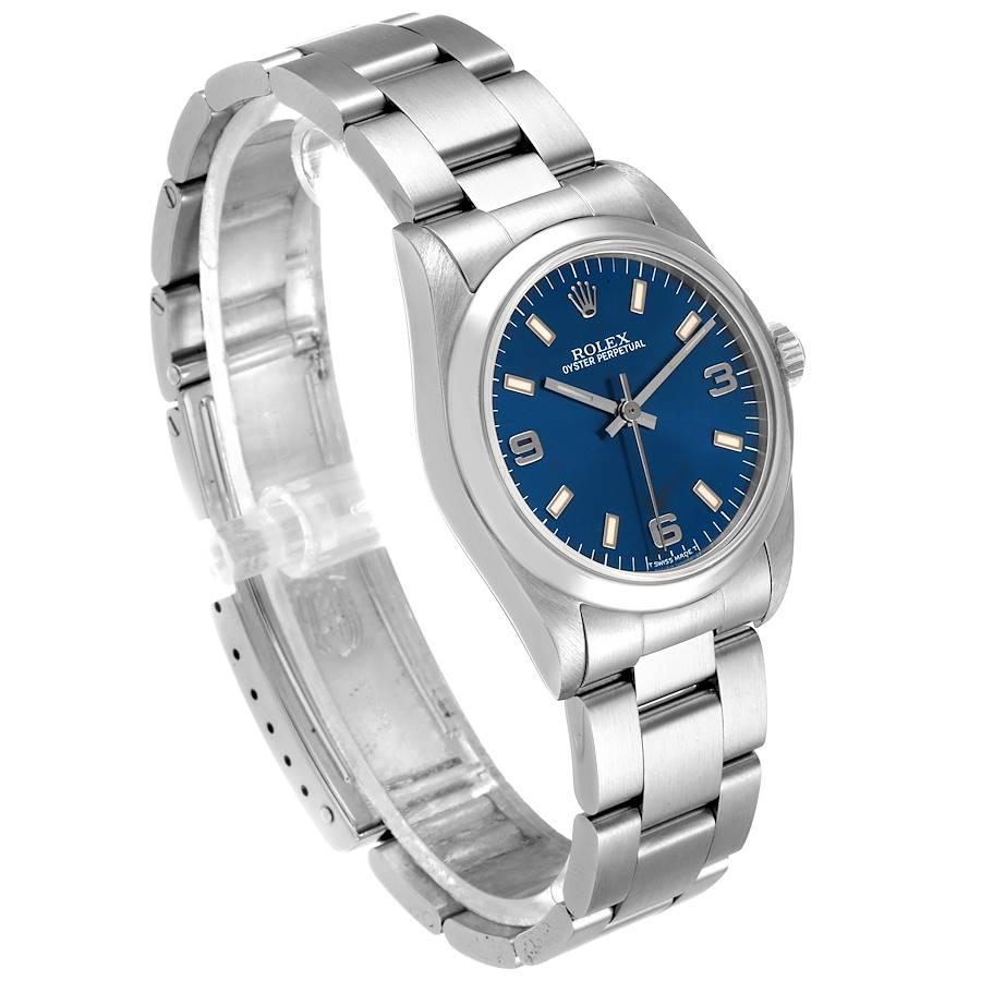 Rolex Midsize Blue Dial Automatic Steel Ladies Watch 67480 Papers In Excellent Condition For Sale In Atlanta, GA