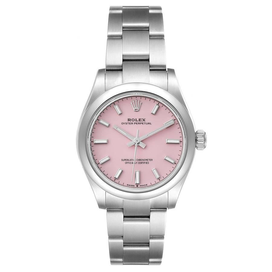 Rolex Midsize 31mm Candy Pink Dial Automatic Steel Ladies Watch 277200 Ungetragen. Automatisches Uhrwerk mit Selbstaufzug. Austerngehäuse aus Edelstahl mit einem Durchmesser von 31.0 mm. Rolex Logo auf einer Krone. Glatte Lünette aus Edelstahl.