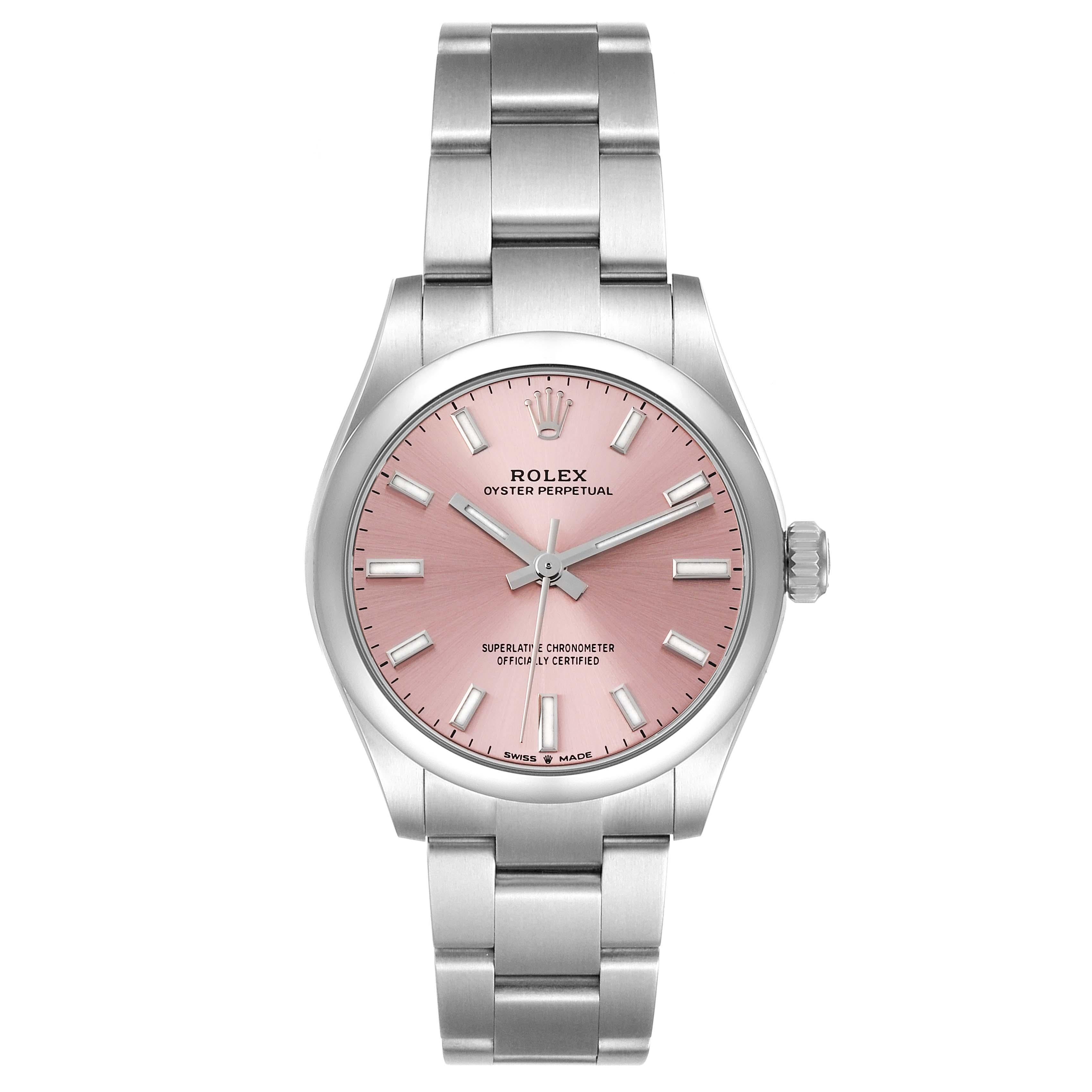 Rolex Midsize 31mm Pink Dial Automatic Steel Ladies Watch 277200 Unworn. Automatic self-winding movement. Stainless steel oyster case 31.0 mm in diameter. Rolex logo on a crown. Stainless steel smooth bezel. Scratch resistant sapphire crystal. Pink