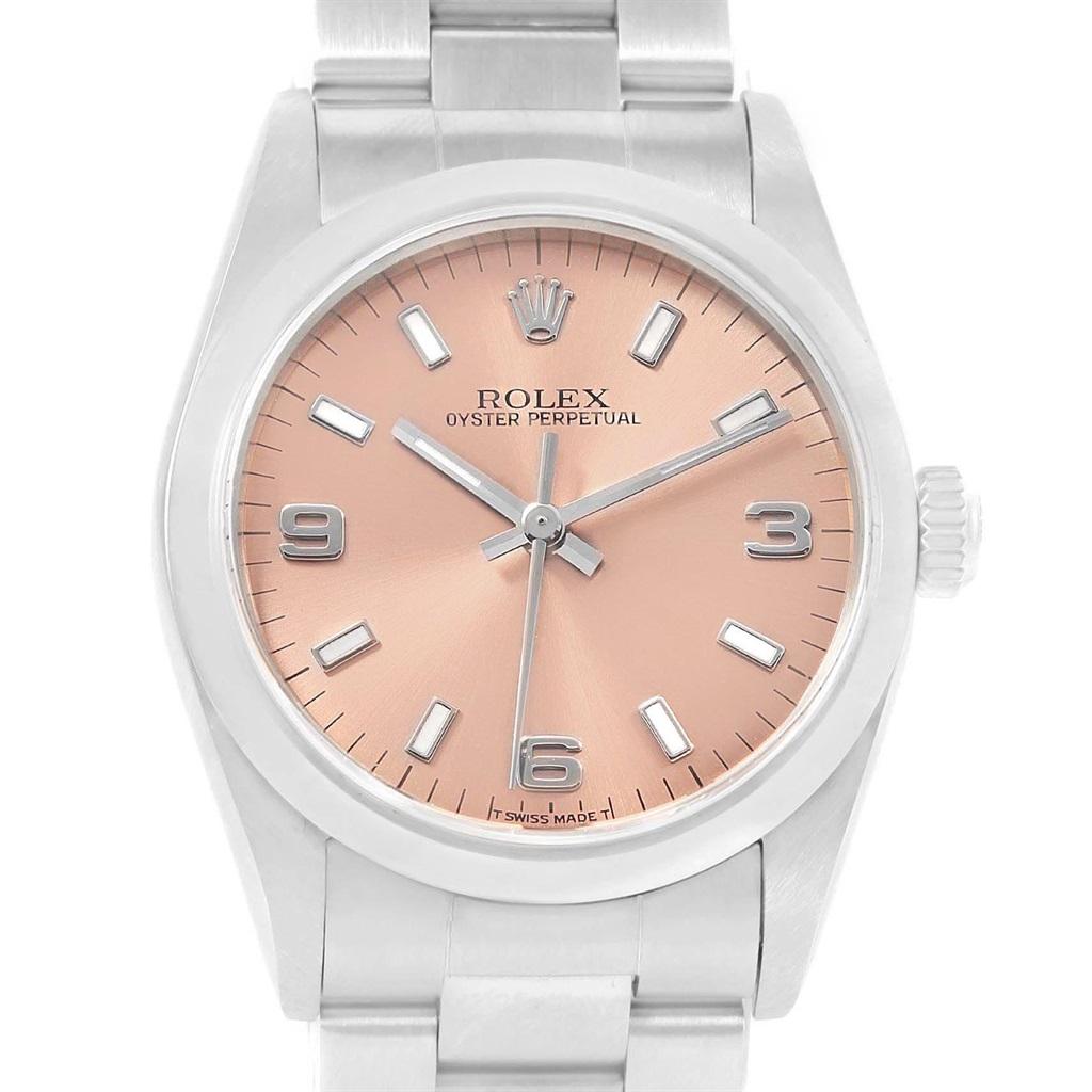 Rolex Midsize Salmon Dial Automatic Steel Ladies Watch 67480 In Excellent Condition In Atlanta, GA