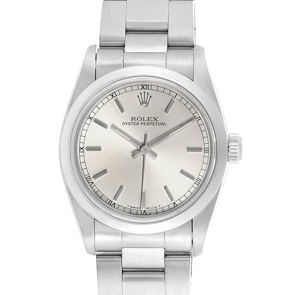 Rolex Midsize 31mm Silver Dial Automatic Steel Ladies Watch 67480. Automatic self-winding movement. Stainless steel oyster case 31.0 mm in diameter. Rolex logo on a crown. Stainless steel smooth bezel. Scratch resistant sapphire crystal. Silver dial