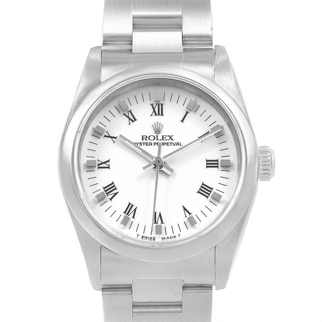 Rolex Midsize 31mm White Dial Automatic Steel Ladies Watch 67480. Automatic self-winding movement. Stainless steel oyster case 31.0 mm in diameter. Rolex logo on a crown. Stainless steel smooth bezel. Scratch resistant sapphire crystal. White dial