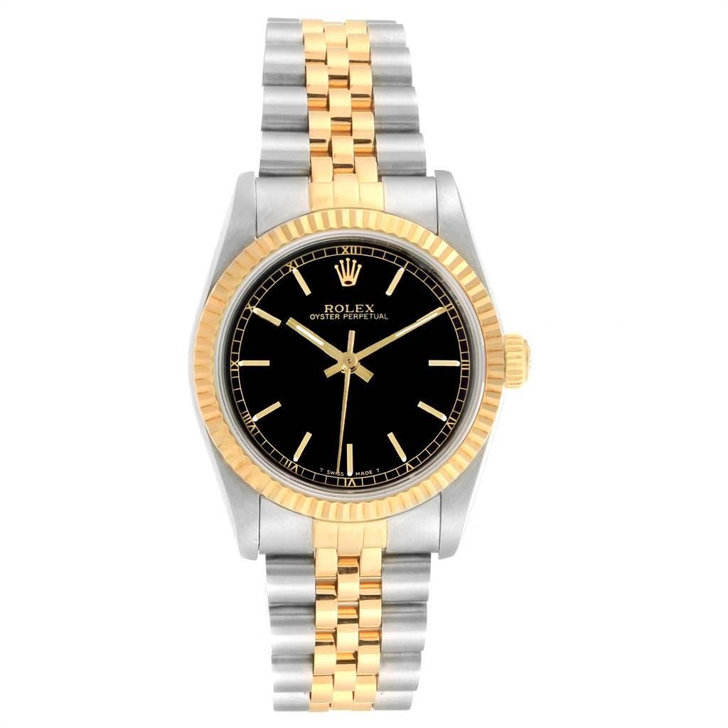 Rolex Midsize Yellow Gold Steel Black Dial Ladies Watch 67513 In Excellent Condition For Sale In Atlanta, GA